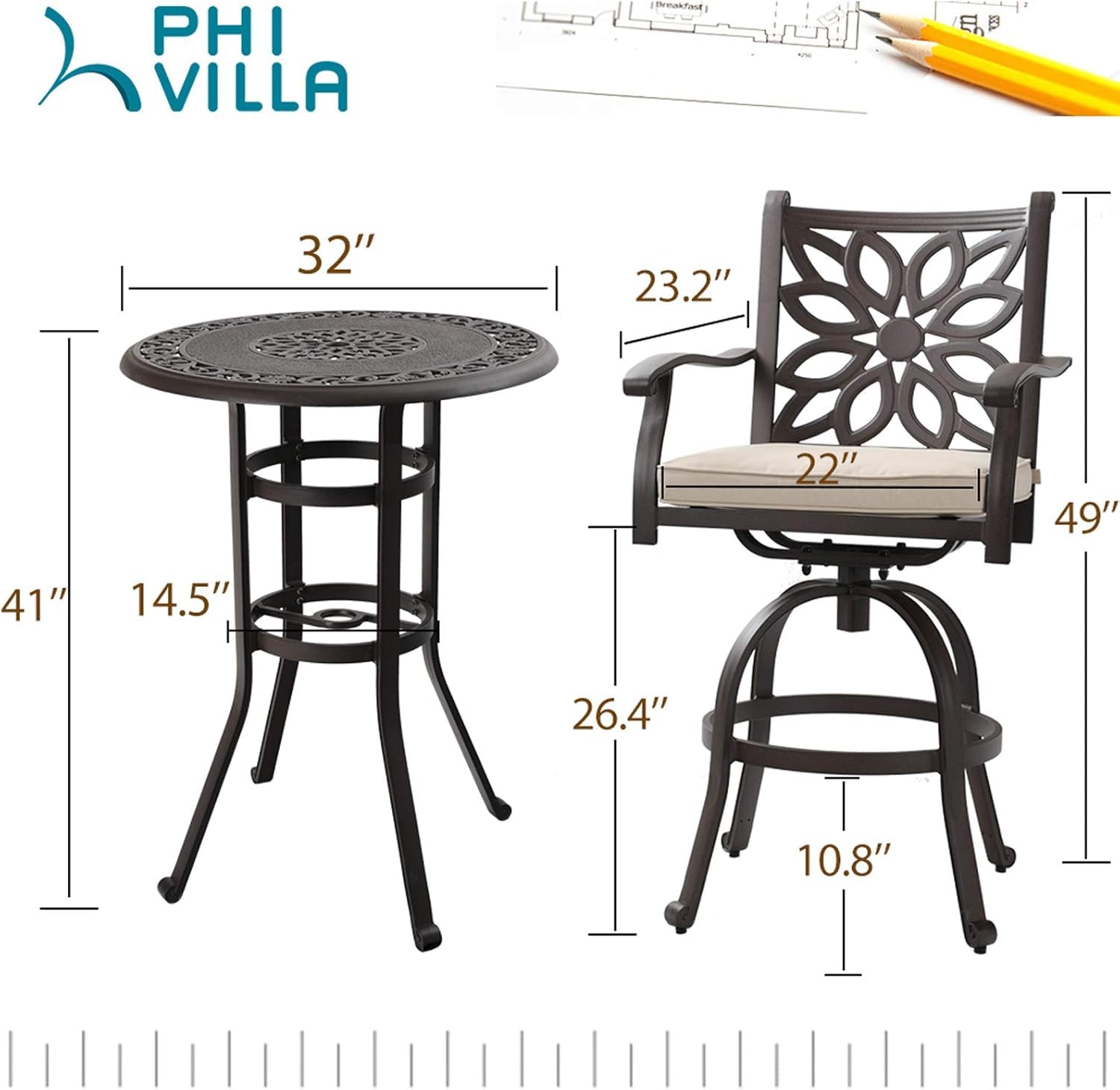 PHI VILLA 3-Piece Outdoor Patio Furniture Set - Swivel Bar Stools & Table, Cast Aluminum Bistro Set for Deck, Lawn, Garden & Backyard - Perfect for Outdoor Dining, Entertaining & Relaxing