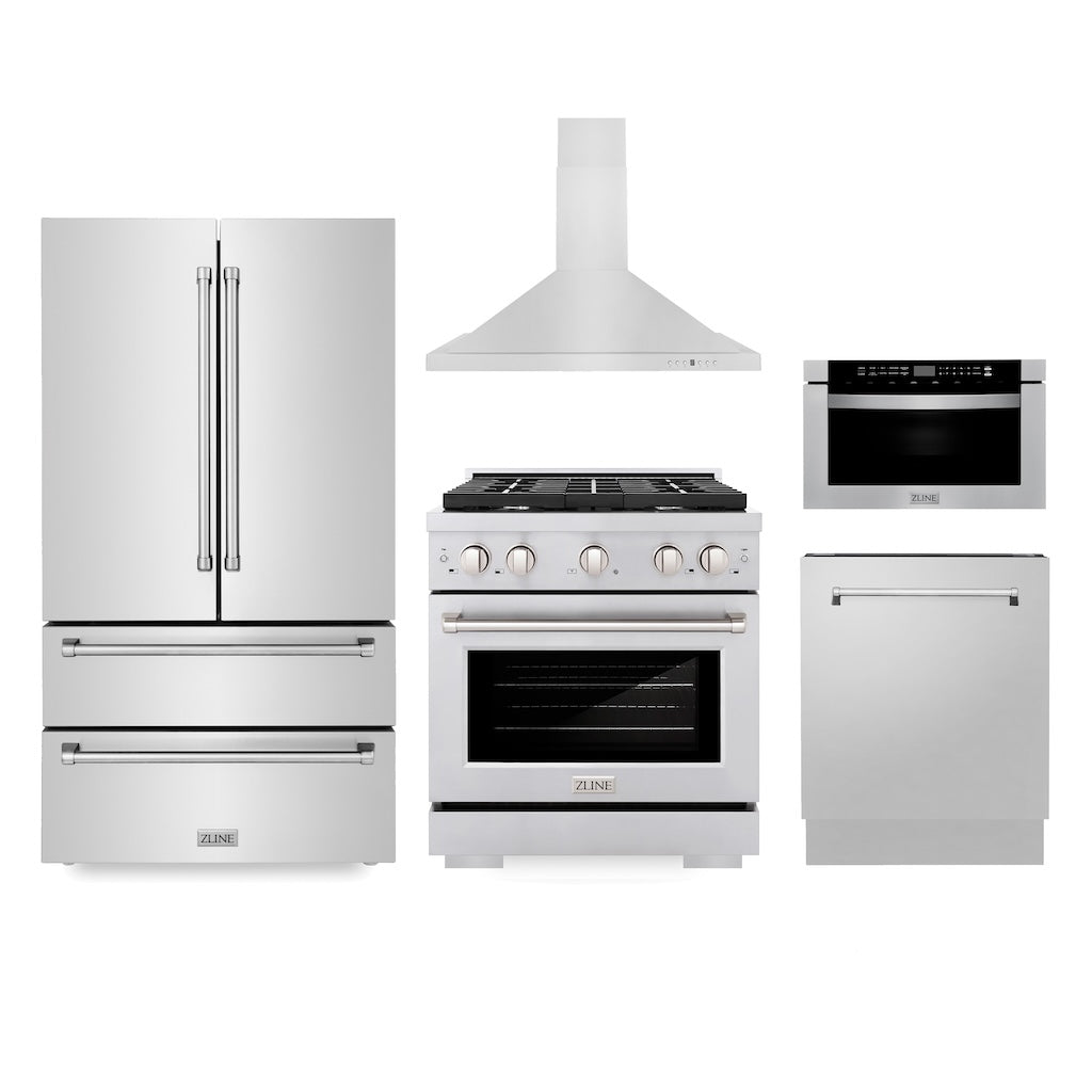 ZLINE 30-inch Stainless Steel Kitchen Package - Gas Range, Range Hood, Microwave Drawer & 24-inch Dishwasher (5KPR SGRRH30 MWDWV) | Premium Appliance Bundle for Modern Kitchens | Perfect for Home Chefs & Entertaining