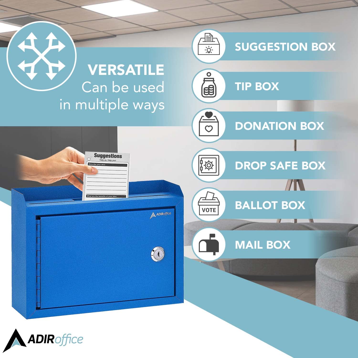 Adir Corp Locking Suggestion Box with Slot - 9.8x7.5x3.4 Inch Wall Mount Metal Deposit Box for Cash, Donations & Feedback - Secure Drop Box for Offices, Retail Stores & Public Spaces (Blue)