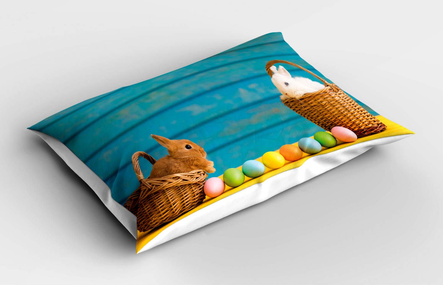 Ambesonne Easter Bunny Pillow Sham - 2 Easter Rabbits with Blue Wooden Background, Pastel Dyed Eggs, Decorative Standard Size Printed Pillowcase (26