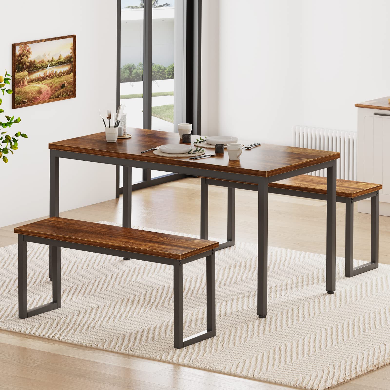 Soges 3-Piece Industrial Style Wooden Kitchen Table Set with 2 Benches - Dining Room Table for 4, Breakfast Nook & Coffee Table - Perfect for Small Spaces, Apartments & Farmhouse Kitchens