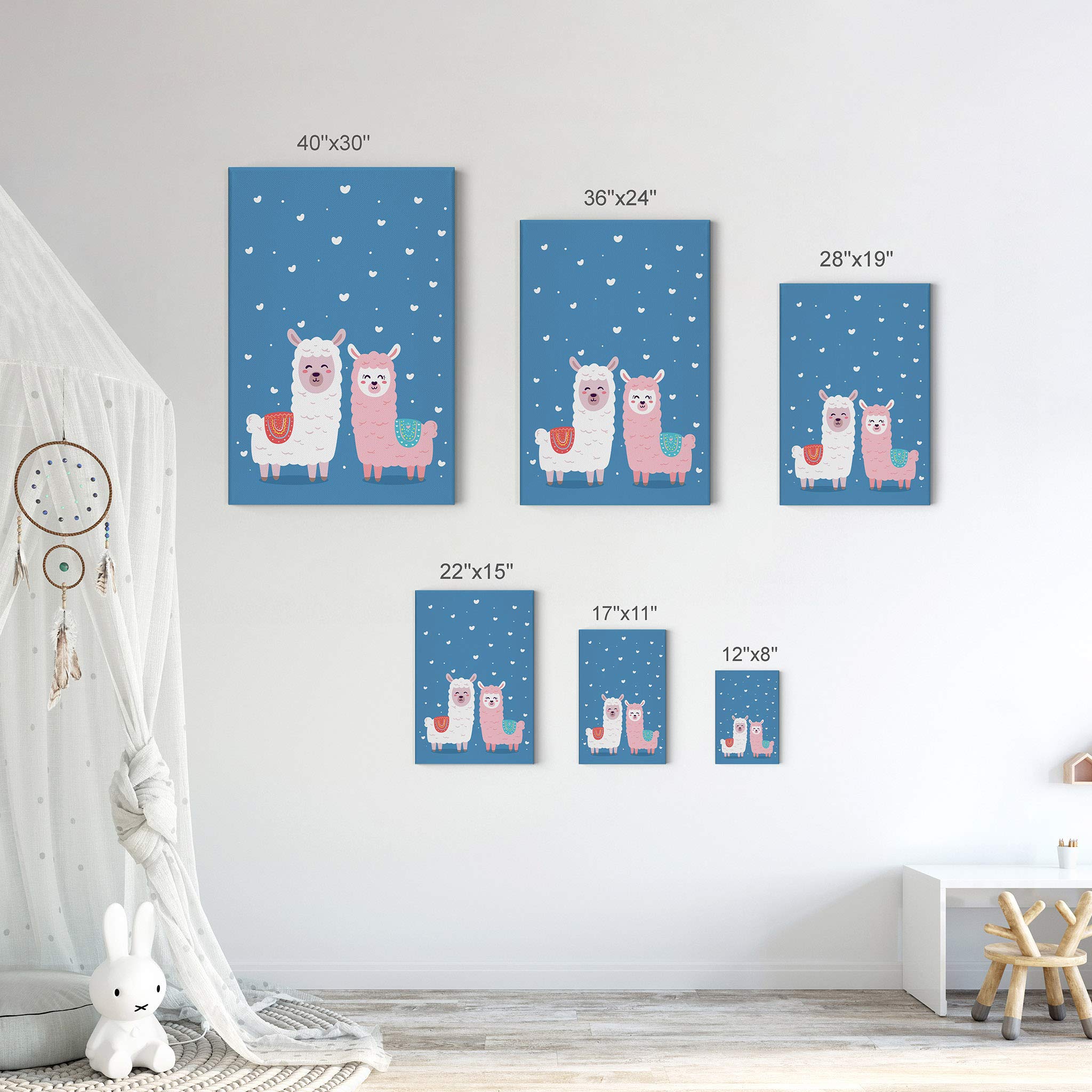 Cute Alpaca Illustration Canvas Print - Blue Background Wall Art for Kids Room, Nursery & Baby Room Decor - Ready to Hang 40x30 - Made in USA | Perfect for Children's Bedroom, Playroom & Daycare Center Decorations
