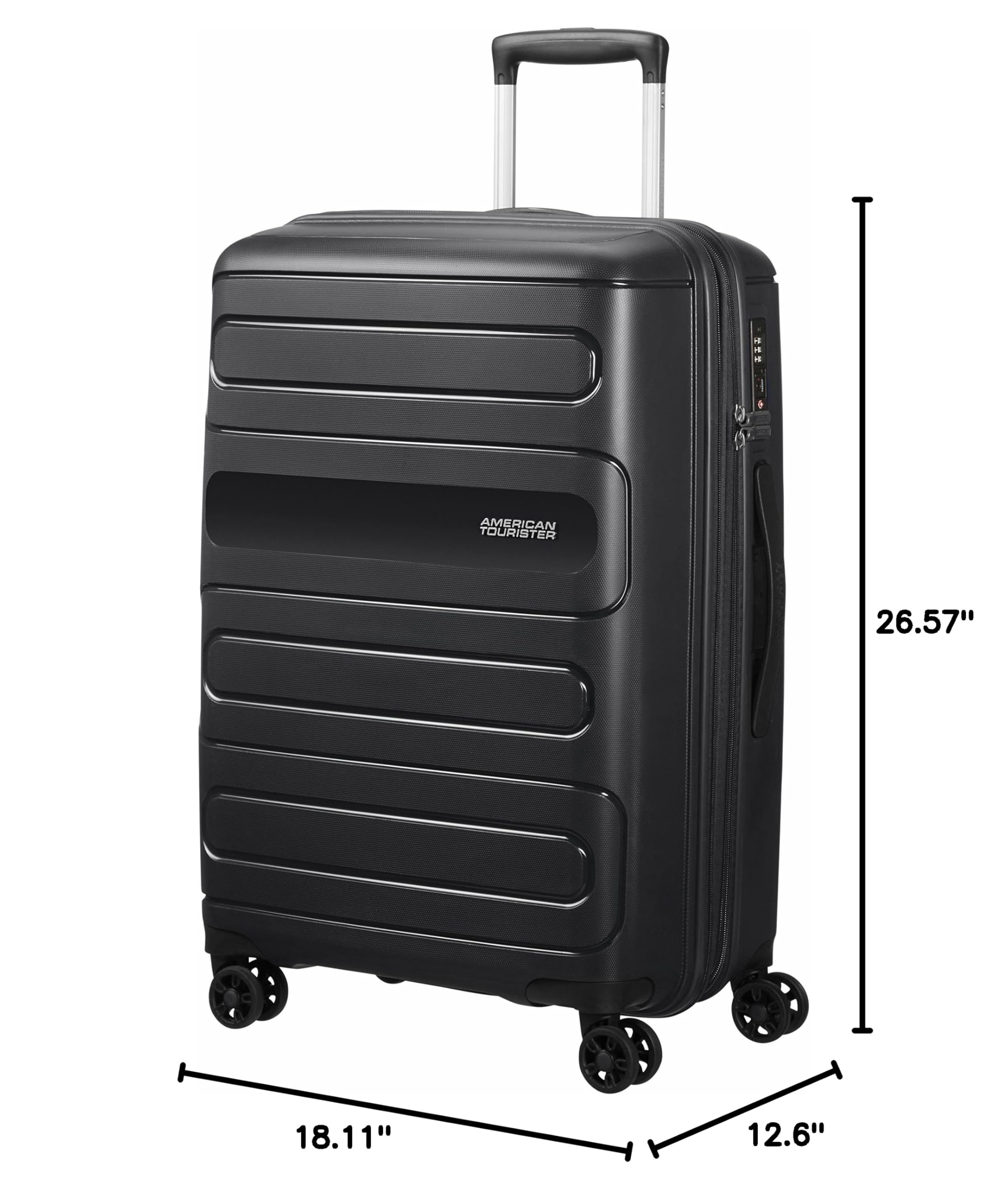 American Tourister Black Spinner Luggage 67.5cm-83.5L Carry-On Suitcase with 360° Wheels for Business Travel & Weekend Getaways