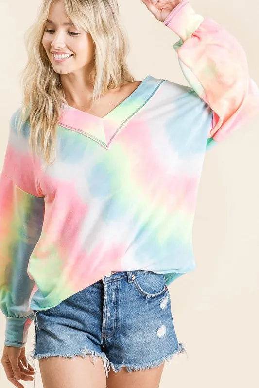 Bibi Tie Dye French Terry V-Neck Top with Puff Sleeves in Pink Multi | Women's Casual Boho Blouse | Perfect for Summer Outfits, Beach Wear & Music Festivals