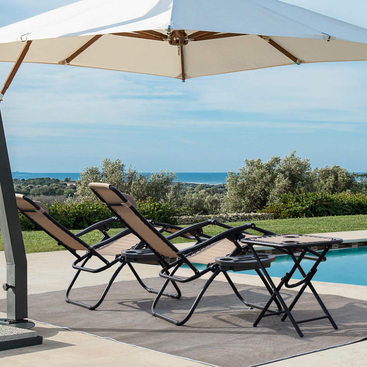 Devoko Zero Gravity Chair - Adjustable Outdoor Recliner with Side Table & Pillow, Light Beige - Perfect for Poolside Lounging, Backyard Relaxation & Patio Furniture Sets