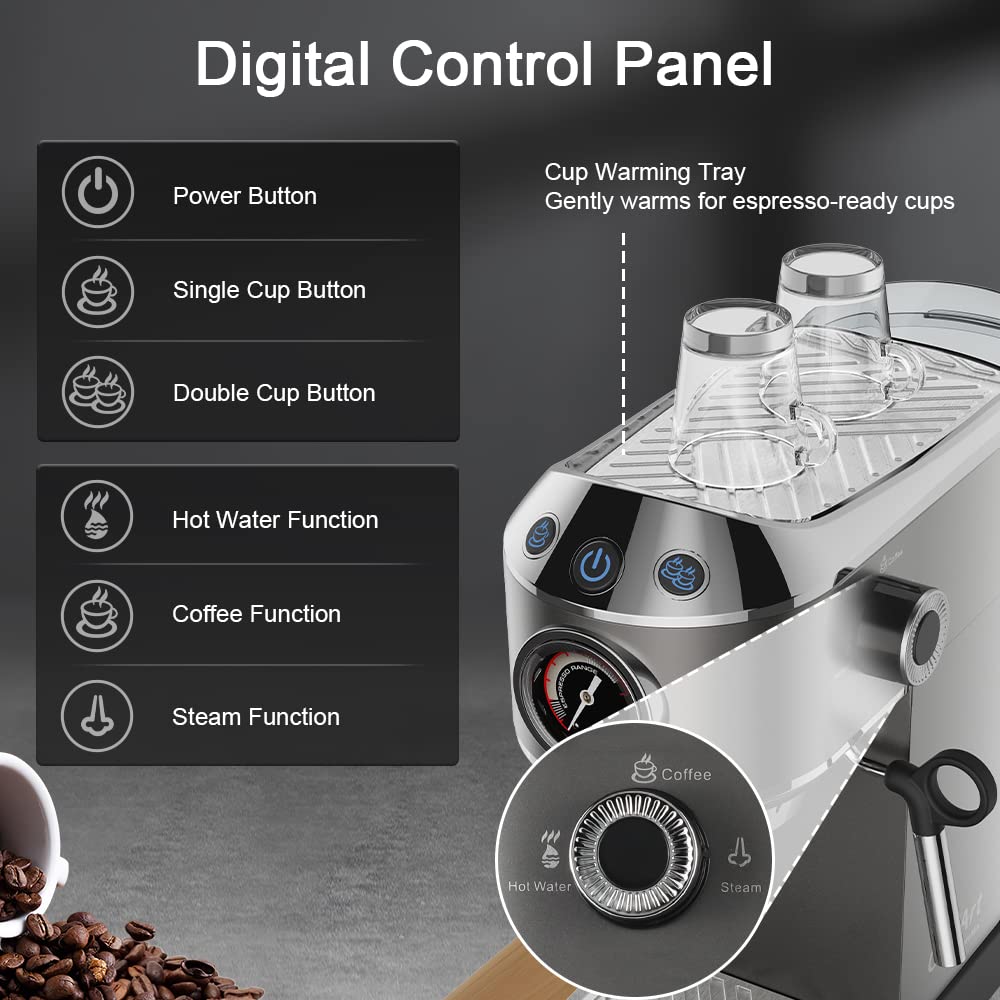 Biolomix 20 Bar Espresso Coffee Maker Machine with Milk Frother Wand - Professional Espresso, Cappuccino, Latte & Mocha Maker (CM7008) - Includes Coffee Tamper & Tamping Mat - Perfect for Home Baristas & Coffee Lovers