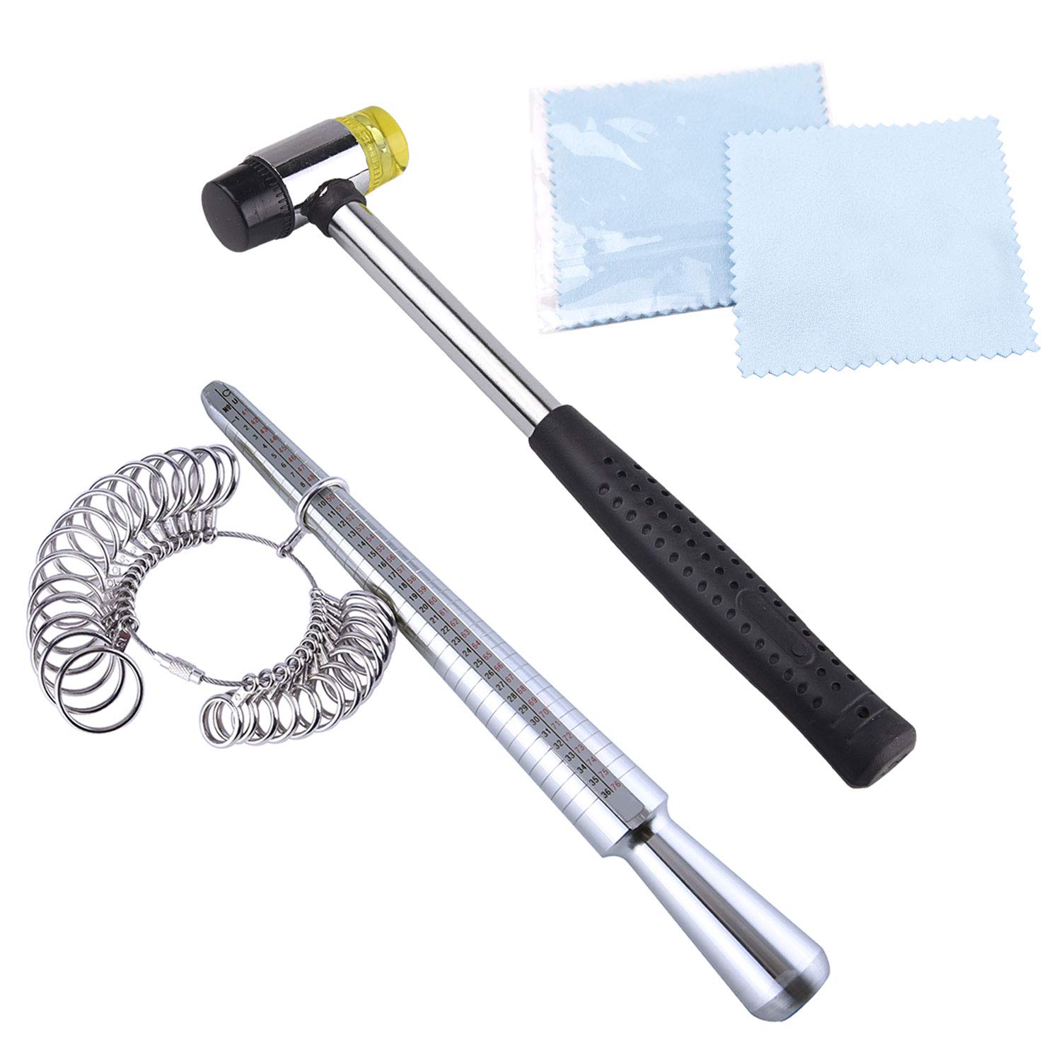 KUUQA Metal Ring Mandrel & Rubber Hammer Mallet Ring Sizer Gauge Set with 2 Jewelry Polishing Cloths - Professional Jewelry Making Tools for Ring Resizing, Measuring, and Polishing - Perfect for Jewelers, DIY Crafts, and Ring Repair