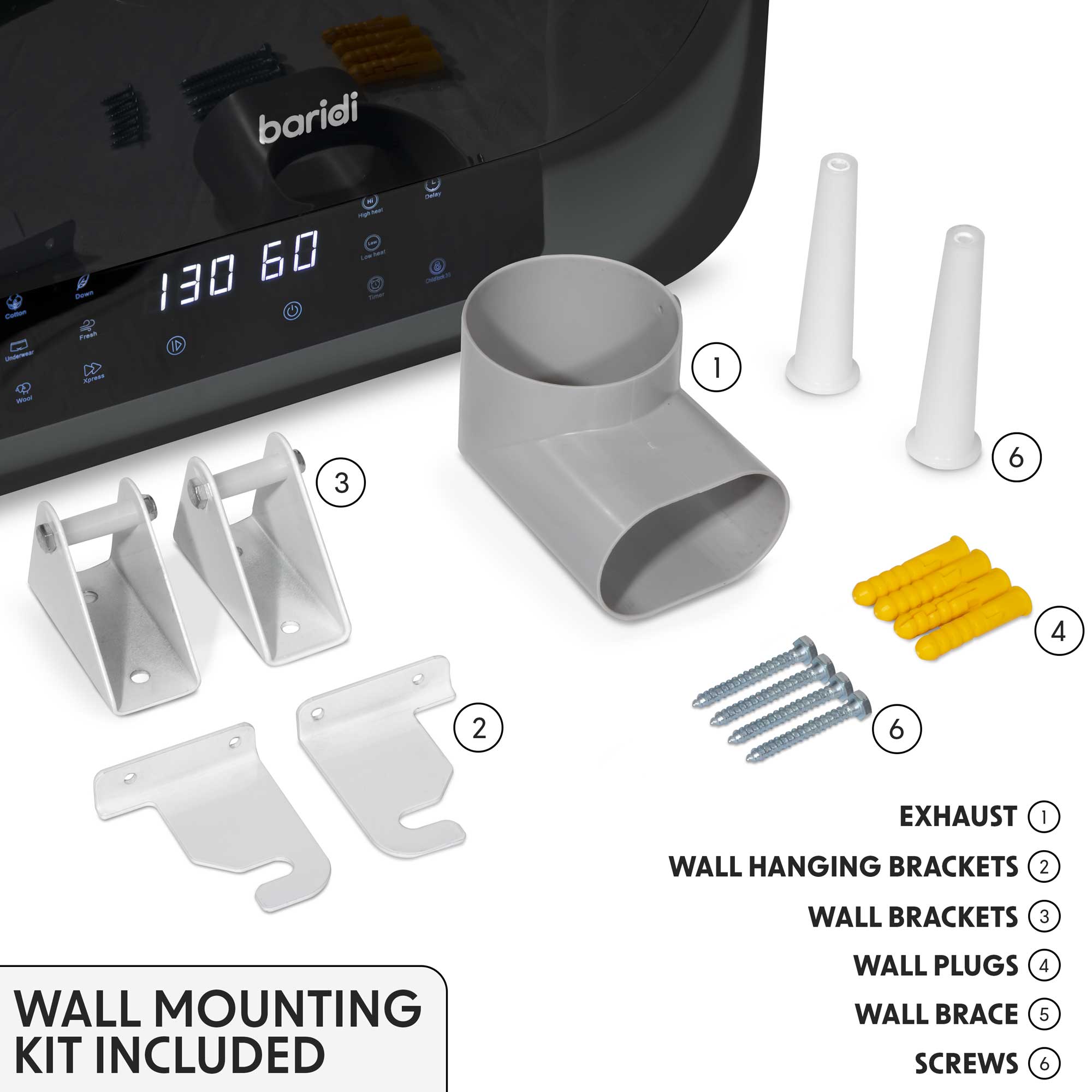 Baridi Mini Tabletop Tumble Dryer with Digital Controls - 2.5kg Capacity Compact Laundry Dryer for Small Spaces - Includes Wall Mounted Brackets (Model DH229) - Perfect for Apartments, Dorms, RVs & Tiny Homes