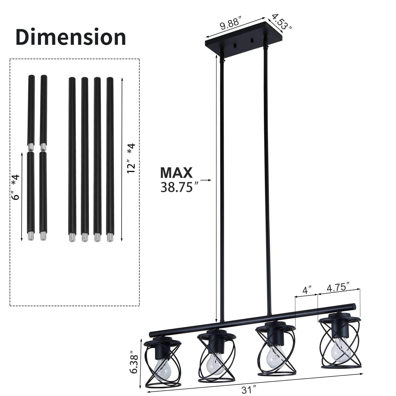 Farmhouse Linear Pendant Light - 4-Light Adjustable Kitchen Island Lighting Fixture, Black Metal Hanging Chandelier for Dining Room & Living Room | Perfect for Kitchen Islands, Breakfast Bars, and Open Concept Spaces