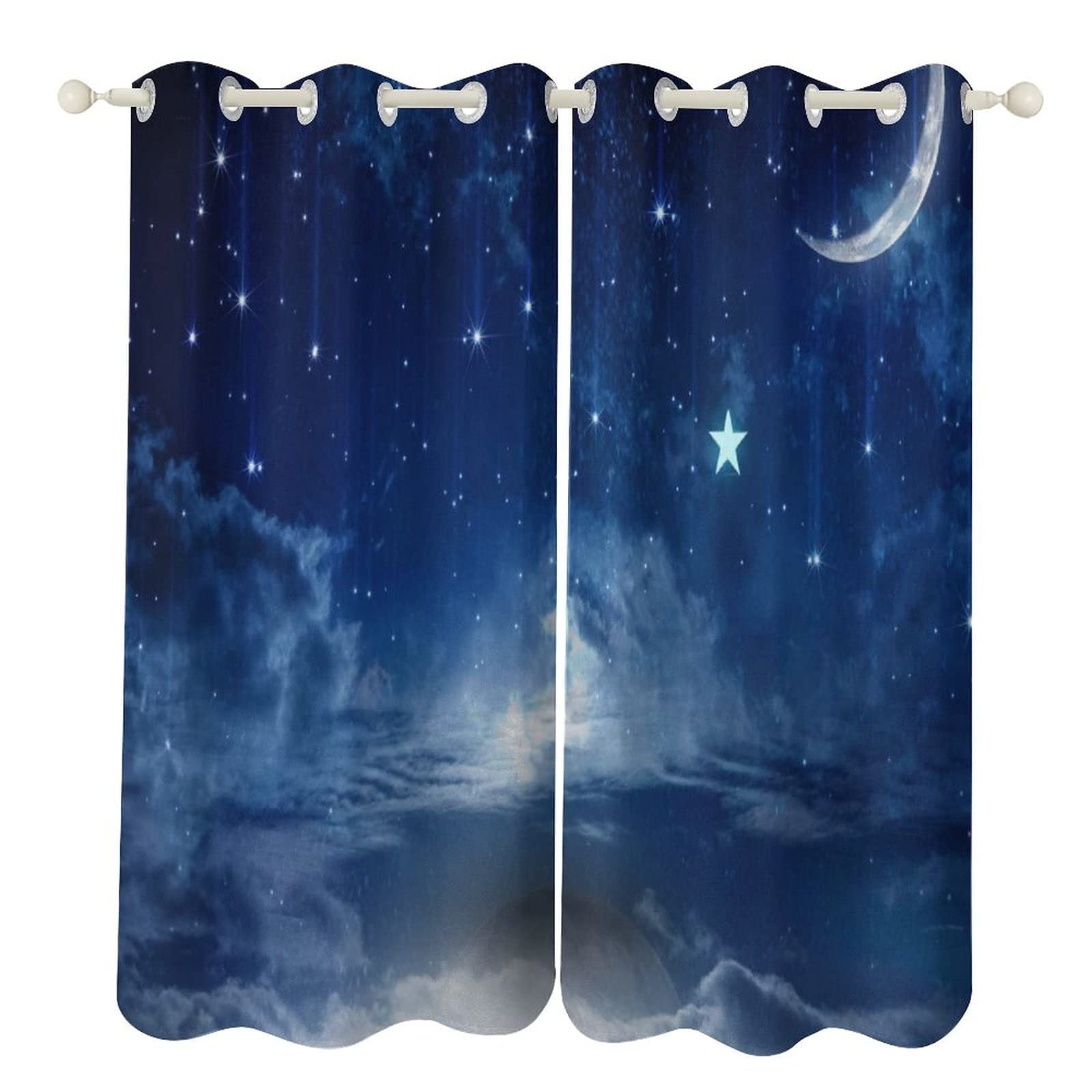 Starry Kids Blackout Curtains 2 Panels - Moon & Star Sky Backdrop Thermal Insulated Grommet Drapes for Nursery, Bedroom, Living Room (104