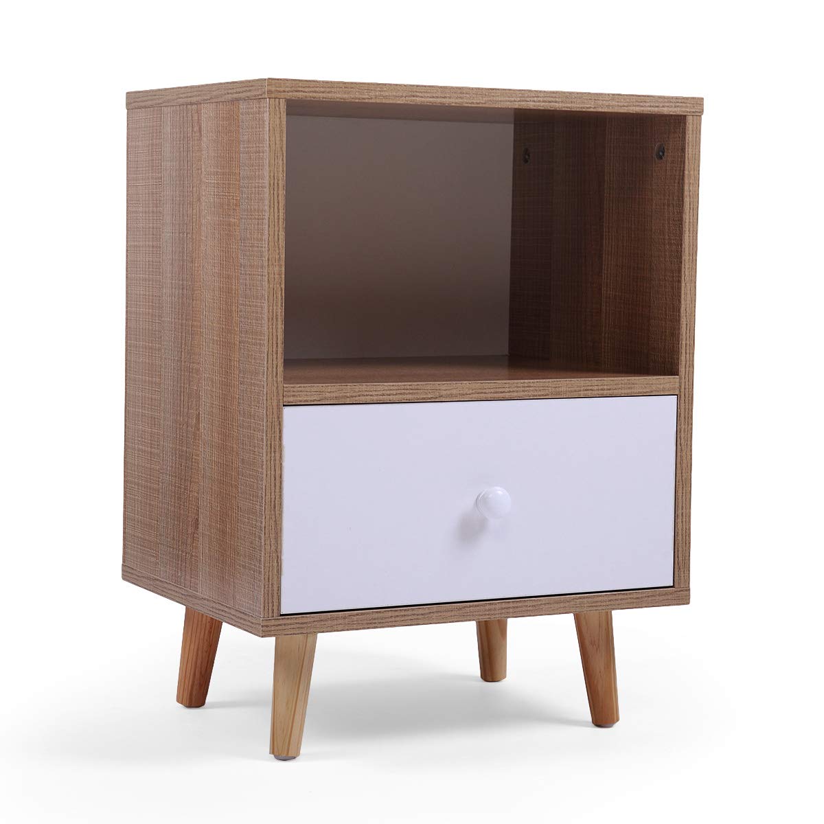 Mid Century Modern Nightstand with Drawer & Open Shelf - Solid Wood End Table for Bedroom & Living Room - Natural & White Finish - Perfect for Small Spaces & Apartment Decor