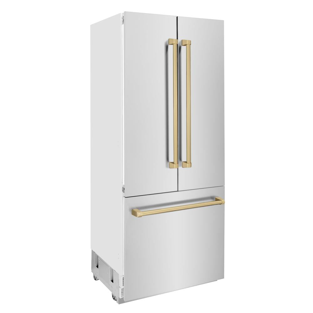 ZLINE Autograph Edition 36 Inch French Door Built-In Refrigerator with Bottom Freezer - 19.6 cu.ft Capacity, Stainless Steel with Champagne Bronze Accents, Water Dispenser & Ice Maker - Perfect for Modern Kitchens & Open-Concept Homes (Model RBIVZ 304 36 CB)