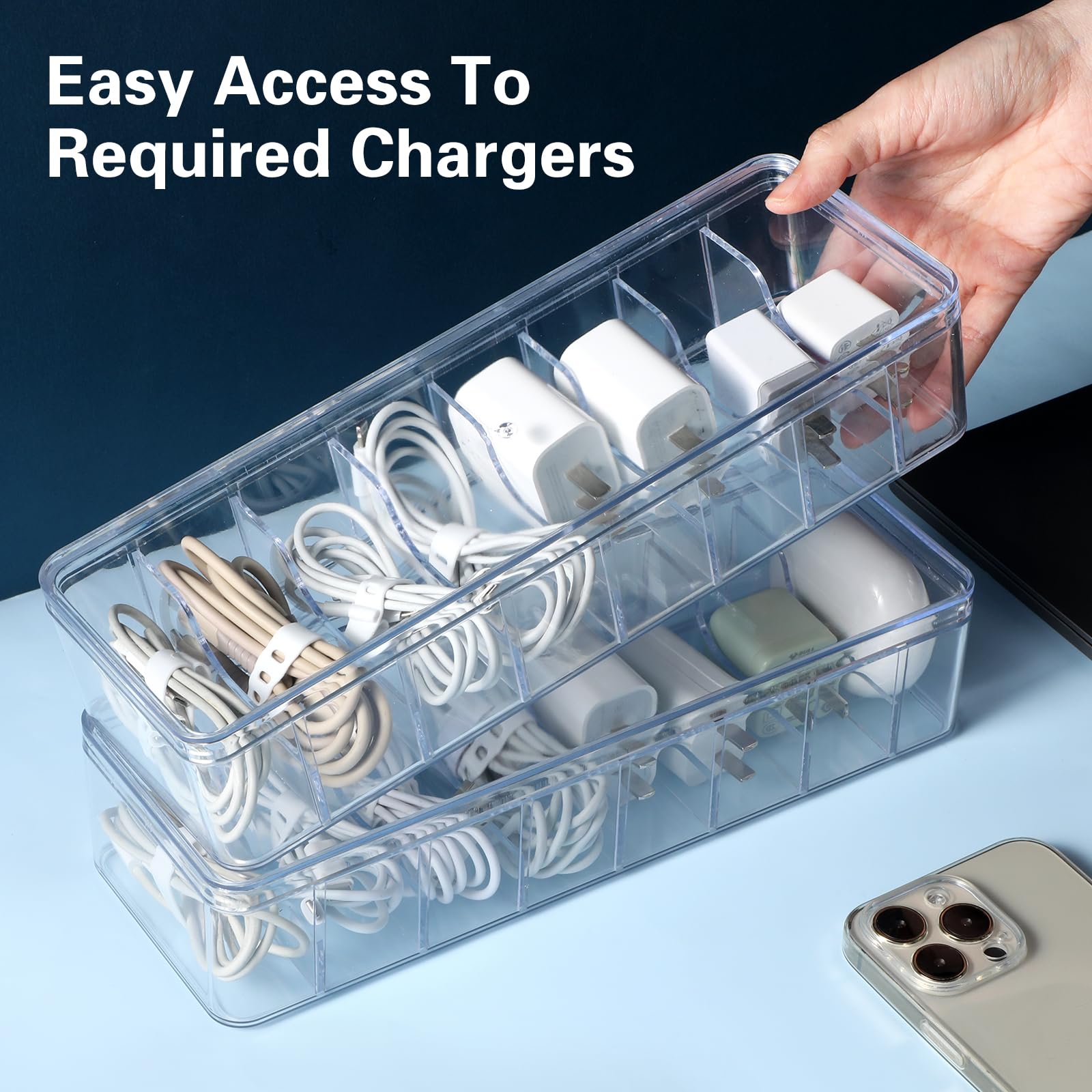 4-Pack Large Clear Plastic Cable Organizer Box with Lid & 20 Wire Ties - Cord Storage Solution for Electronics, Chargers, Home Office & Desk Organization - Perfect for TV Wires, Computer Cables & Charging Stations