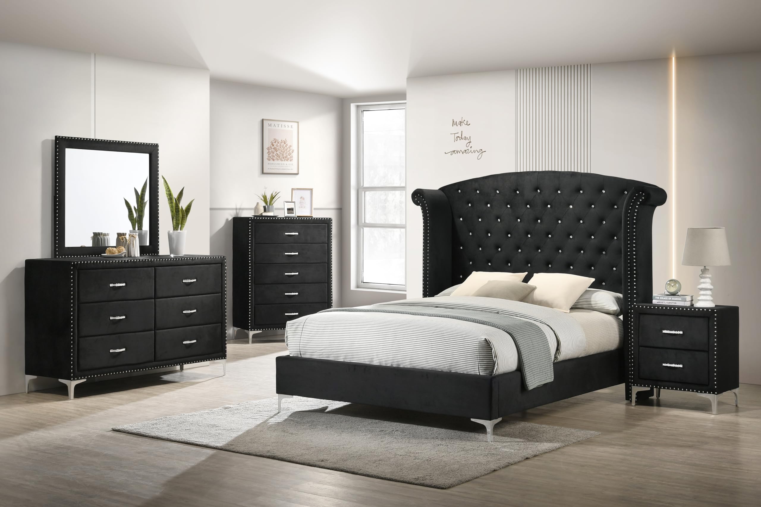 Luxury 4-Piece King Size Tufted Bedroom Set with Dresser, Mirror & Nightstands - Black Velvet Upholstered Furniture for Master Bedroom Decor | Elegant Bed Frame, Matching Dresser and Nightstands for Modern Home