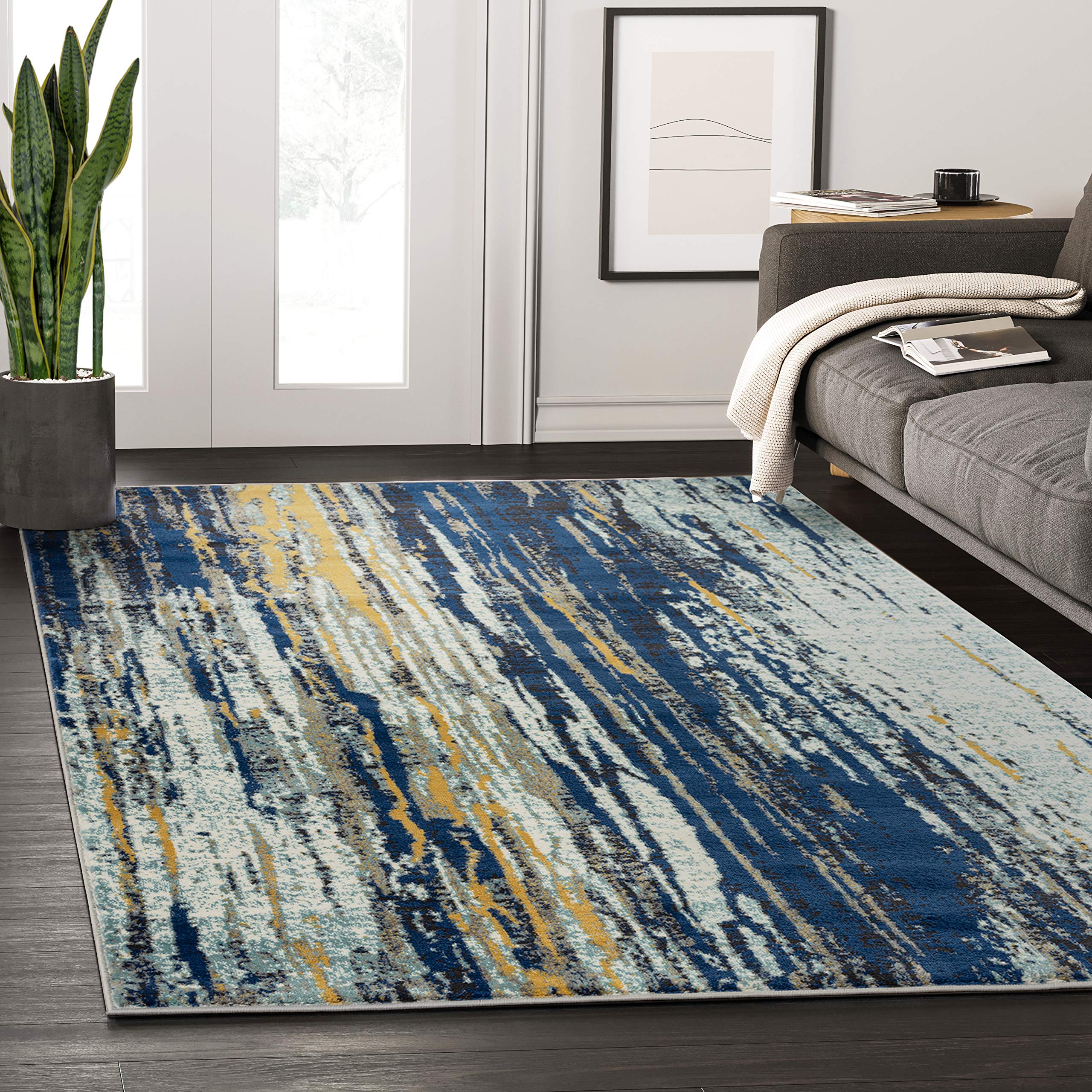 **Abani Blue & Yellow Modern Area Rug 6' x 9' – Bold Painted Pattern Accent Rug for Living Room, Bedroom & Office – Laguna Collection**