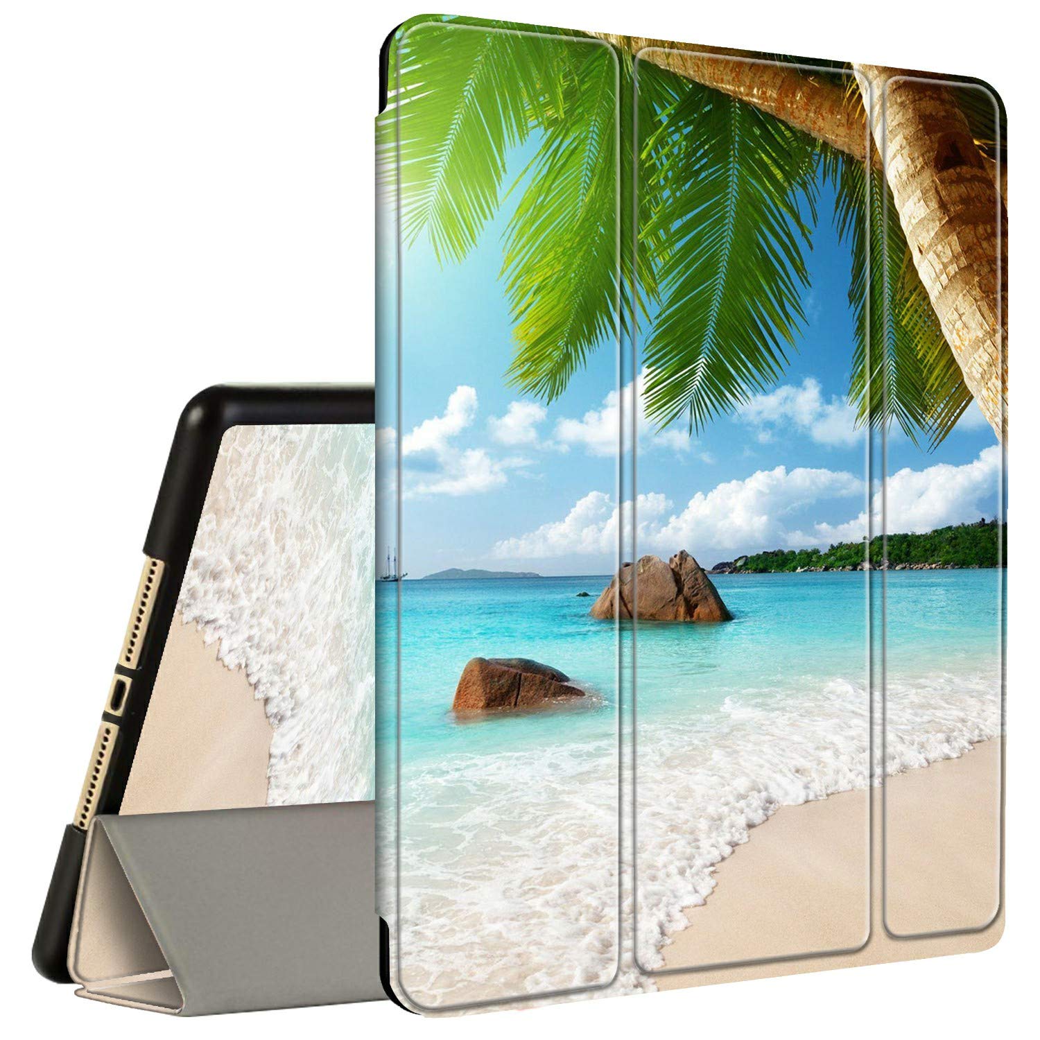 Amook Tri-Fold Smart Cover Stand Case for iPad 9.7 (2017/2018) 6th/5th Gen & iPad Air 1/2 - Shockproof with Pencil Holder, Tropical Beach Palm Design - Perfect for Work, Travel, and Home Use