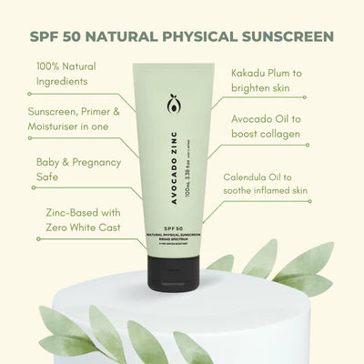 Avocado Zinc SPF50 Natural Physical Sunscreen - Broad Spectrum Face & Body Sun Protection for Sensitive Skin - Perfect for Beach, Swimming & Outdoor Activities
