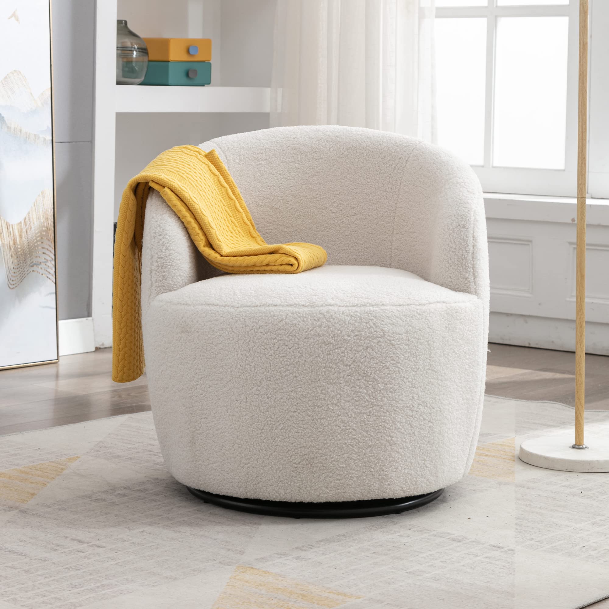 360 Degree Swivel Barrel Chair - Round Upholstered Teddy Fabric Armchair for Living Room, Nursery, Bedroom & Office - Comfortable Accent Chair for Reading, Relaxing & Working
