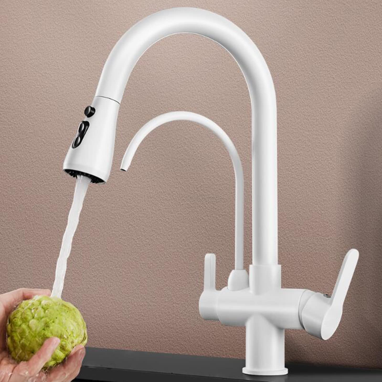 3 in 1 Pull Down Kitchen Faucet with Sprayer - White Brass Telescopic Rotating 3-Way Mixer Tap for Modern Home Kitchen Sink (Ideal for Washing Dishes, Filling Pots & Cleaning Vegetables)