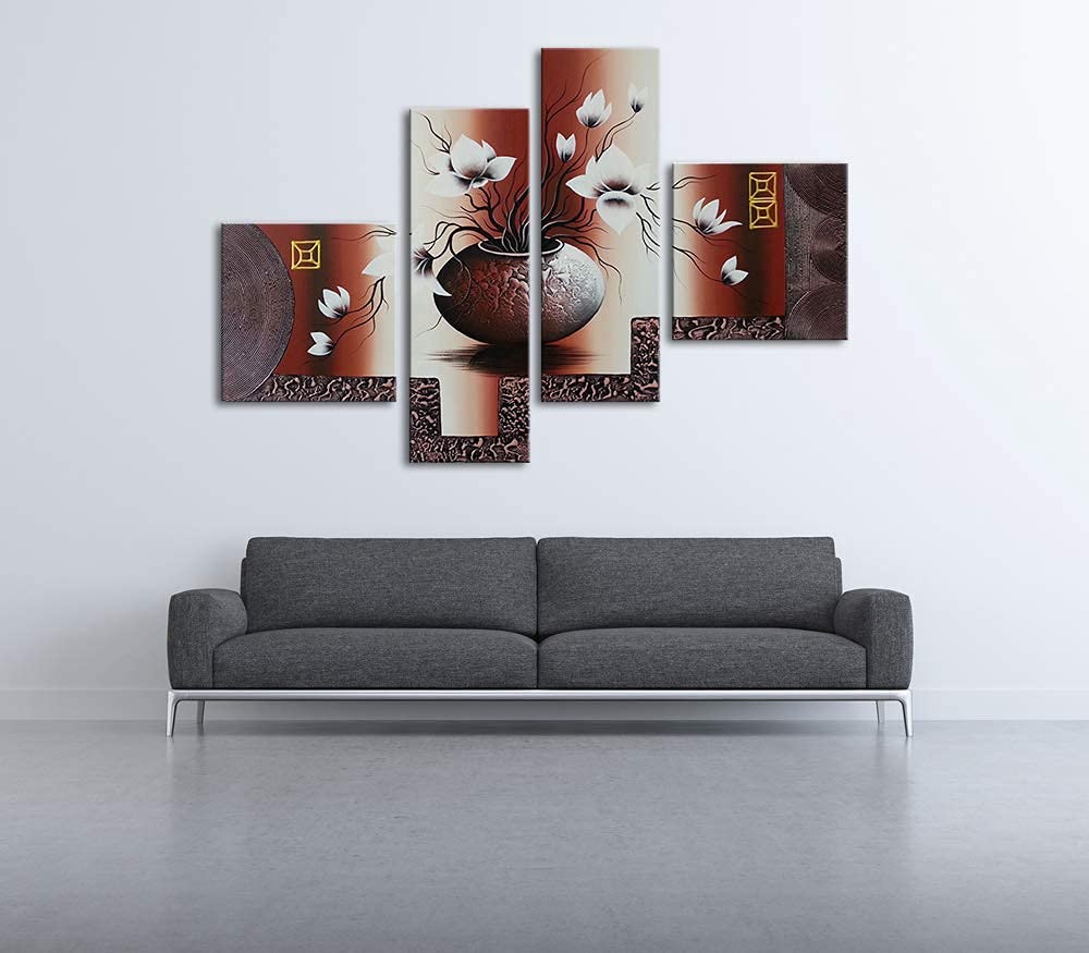 Wieco Art Large 4-Panel Hand-Painted Floral Canvas Wall Art - Modern Oil Painting for Living Room, Bedroom & Office Decor - Framed Stretched Elegant Flower Painting (XL Size)