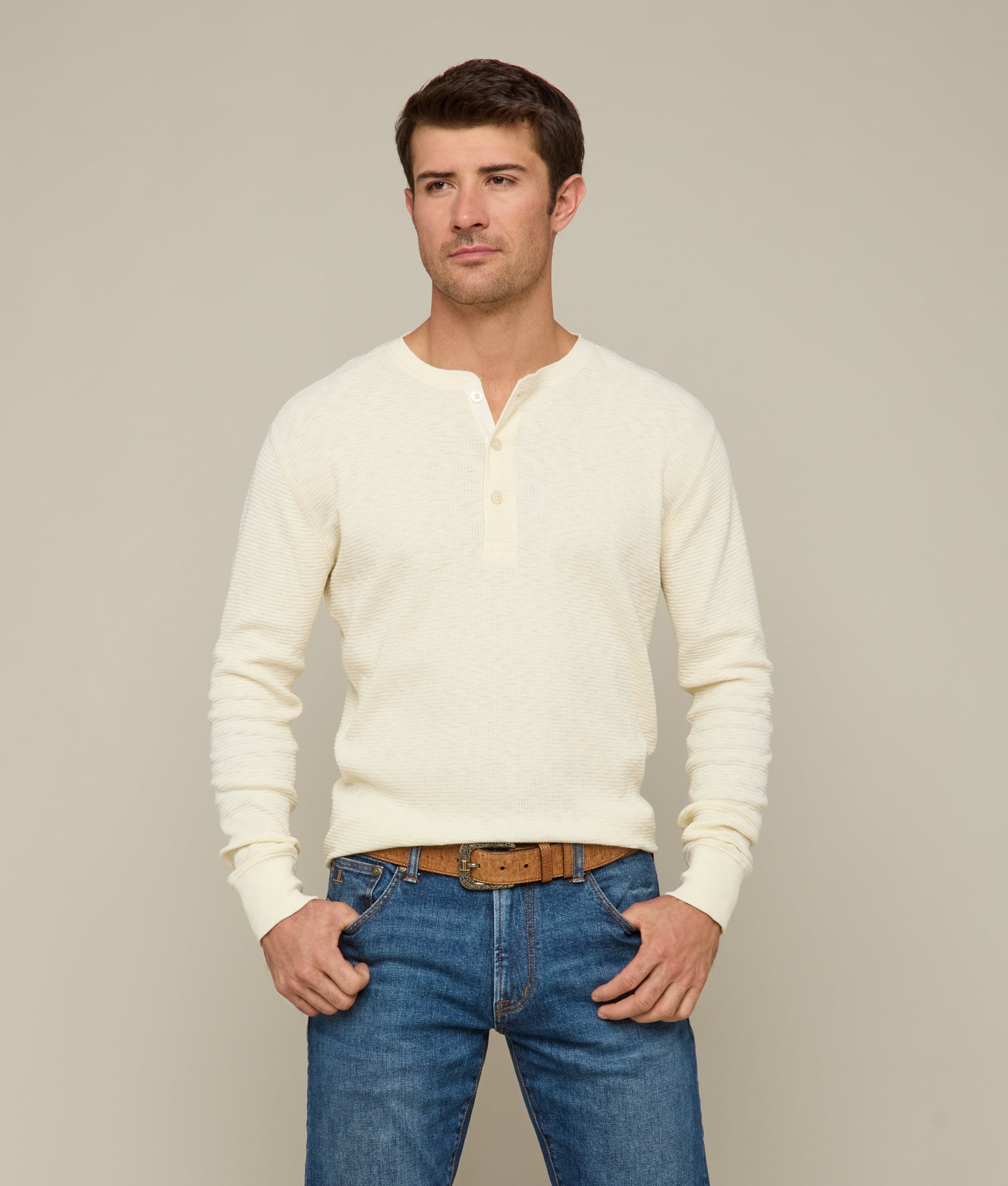 Waffle Henley Shirt for Men - Soft & Breathable Ecru Cotton Top | Perfect for Casual Wear, Layering & Outdoor Activities