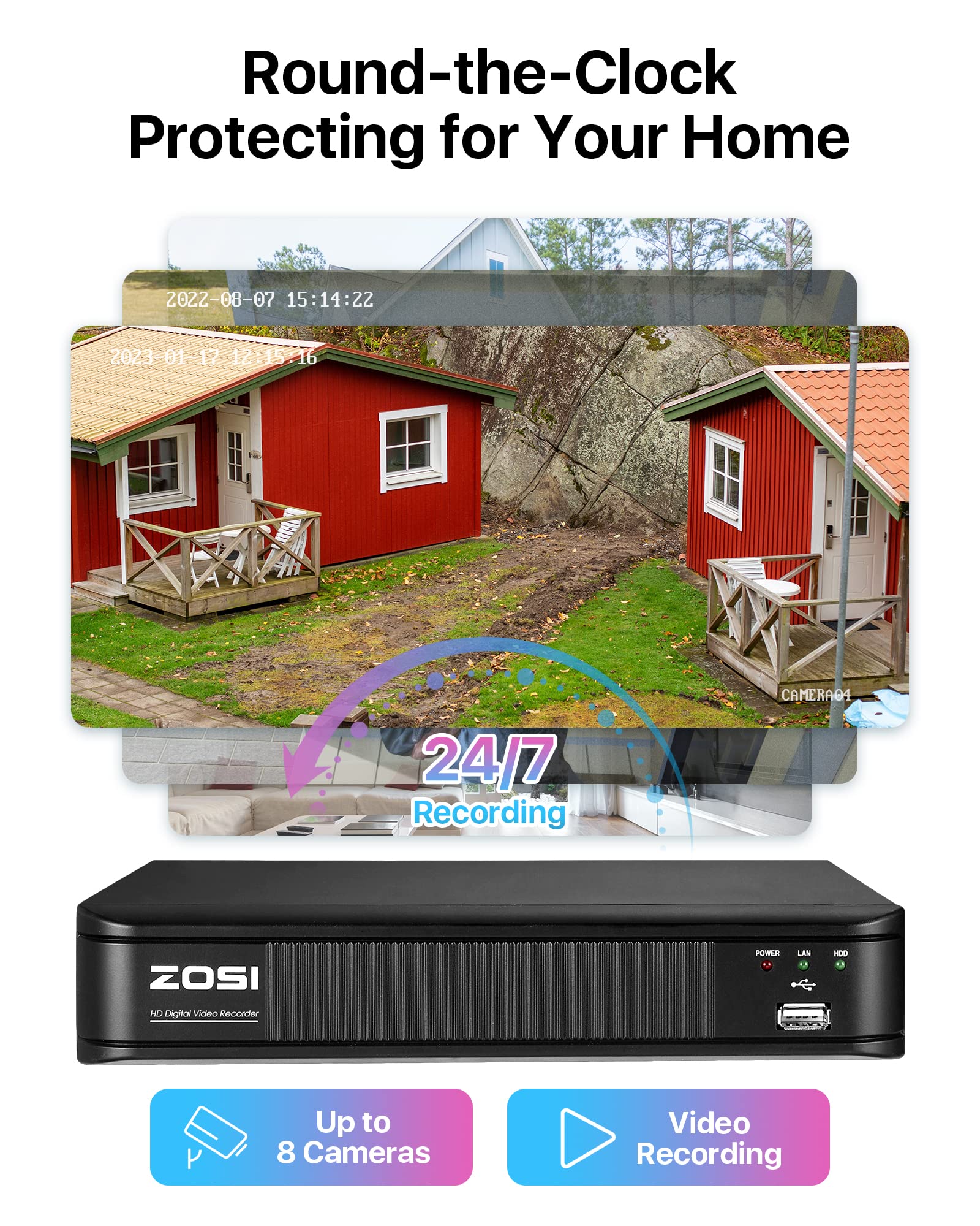 ZOSI 8 Channel 5MP-Lite H.265+ DVR Security Camera System with 8 Weatherproof 1080p HD Bullet Cameras, AI Human & Vehicle Detection, 80ft Night Vision, 1TB HDD - Ideal for Home, Business & Outdoor Surveillance (Indoor/Outdoor Use)