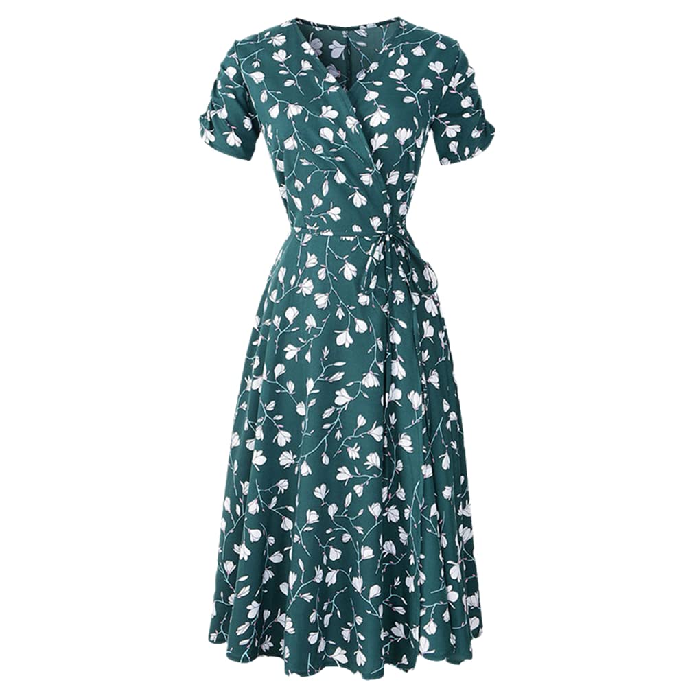 Elegant Summer Short Sleeve Chiffon Dress for Women - Floral Print Vintage A-Line Bohemian Beach Dress | Perfect for Vacations, Weddings & Outdoor Parties