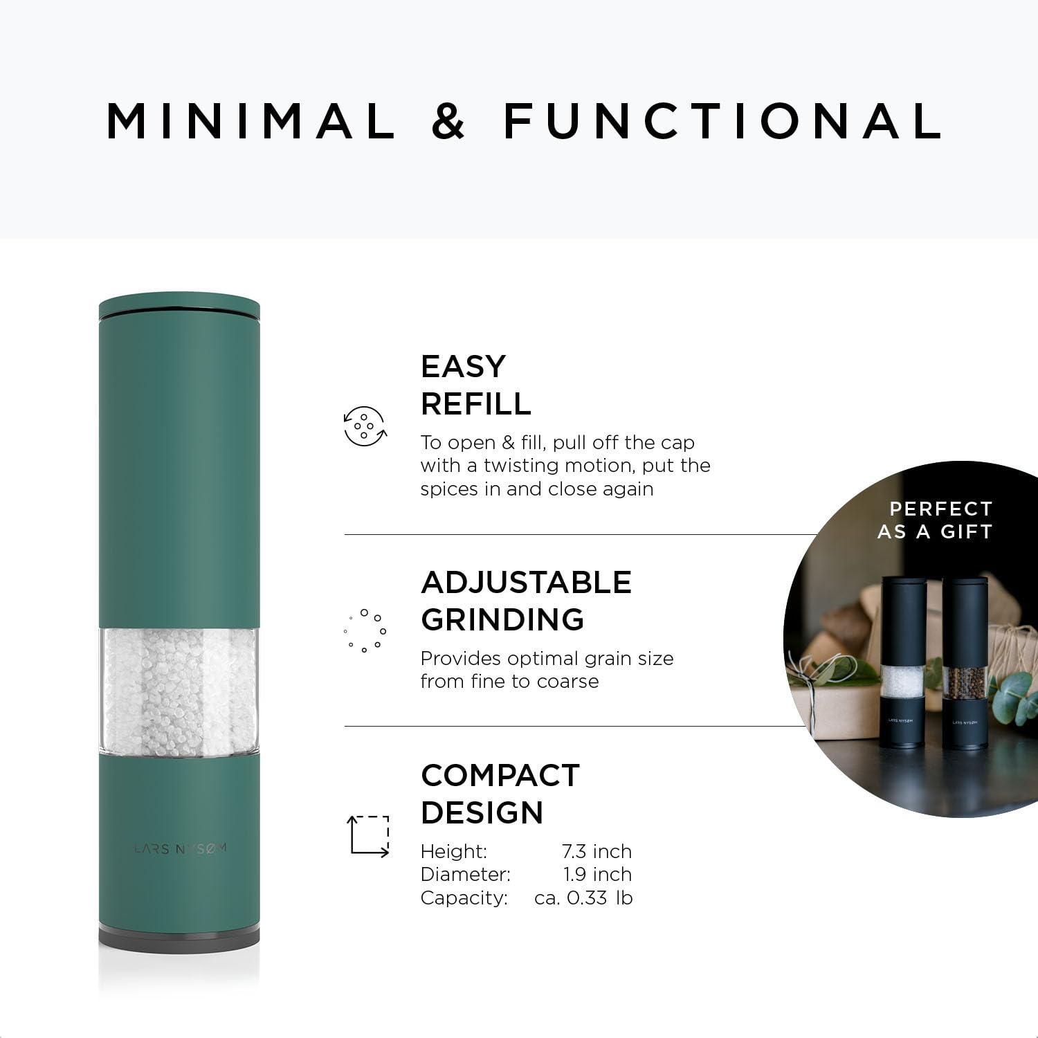Premium LARS NYSØM Salt and Pepper Grinder Set - 2-Piece Adjustable Ceramic Mill with Manual Operation (Pine Green) | Perfect for Kitchen, Dining Table & Gourmet Cooking Gifts