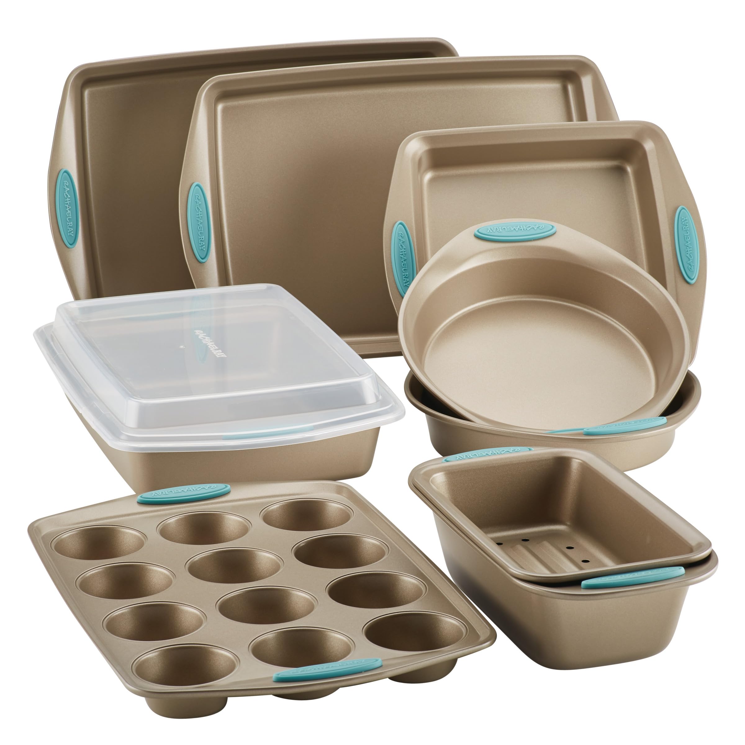 Rachael Ray 47578 10-Piece Nonstick Bakeware Set with Grips - Latte Brown & Agave Blue - Includes Bread Pan, Baking Sheet, Cookie Sheet, Cake Pan & Muffin Pan - Perfect for Baking Cookies, Cakes, Bread & Muffins at Home