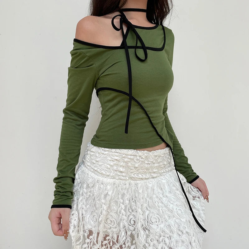Women's Asymmetrical Folds Spliced Long Sleeve Halter Neck Slim Fit Casual T-Shirt | Korean Style Autumn Top | Perfect for Daily Wear, Office Outfits & Date Nights