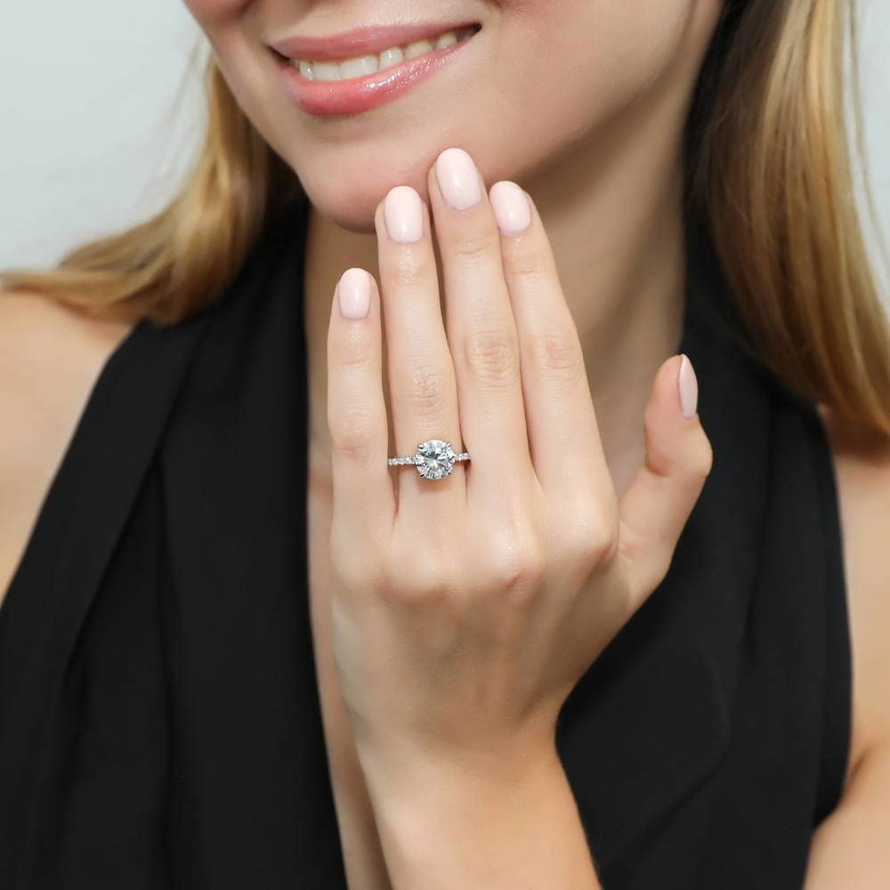 BERRICLE Sterling Silver Solitaire Wedding & Engagement Ring Set for Women - 2.7 Carat Round Cut Cubic Zirconia CZ with Hidden Halo, Rhodium Plated (Size 4-10) | Perfect for Proposals, Anniversaries & Special Occasions