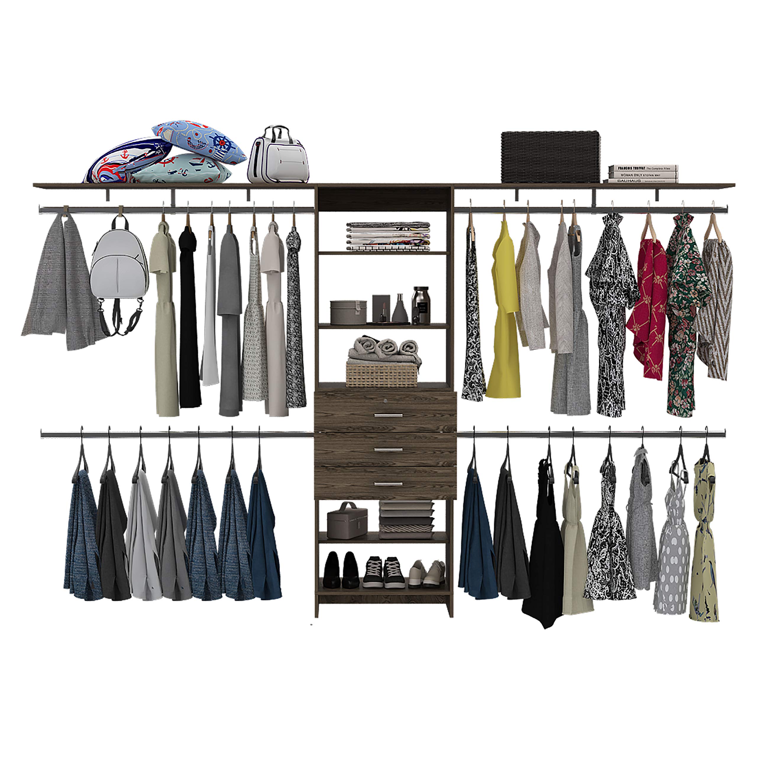 TUHOME Plego Wall Mounted Closet Organizer System - Dark Walnut Wardrobe Storage with 3 Drawers, Shelves & Hanging Rods | Space-Saving Bedroom & Closet Organization Solution