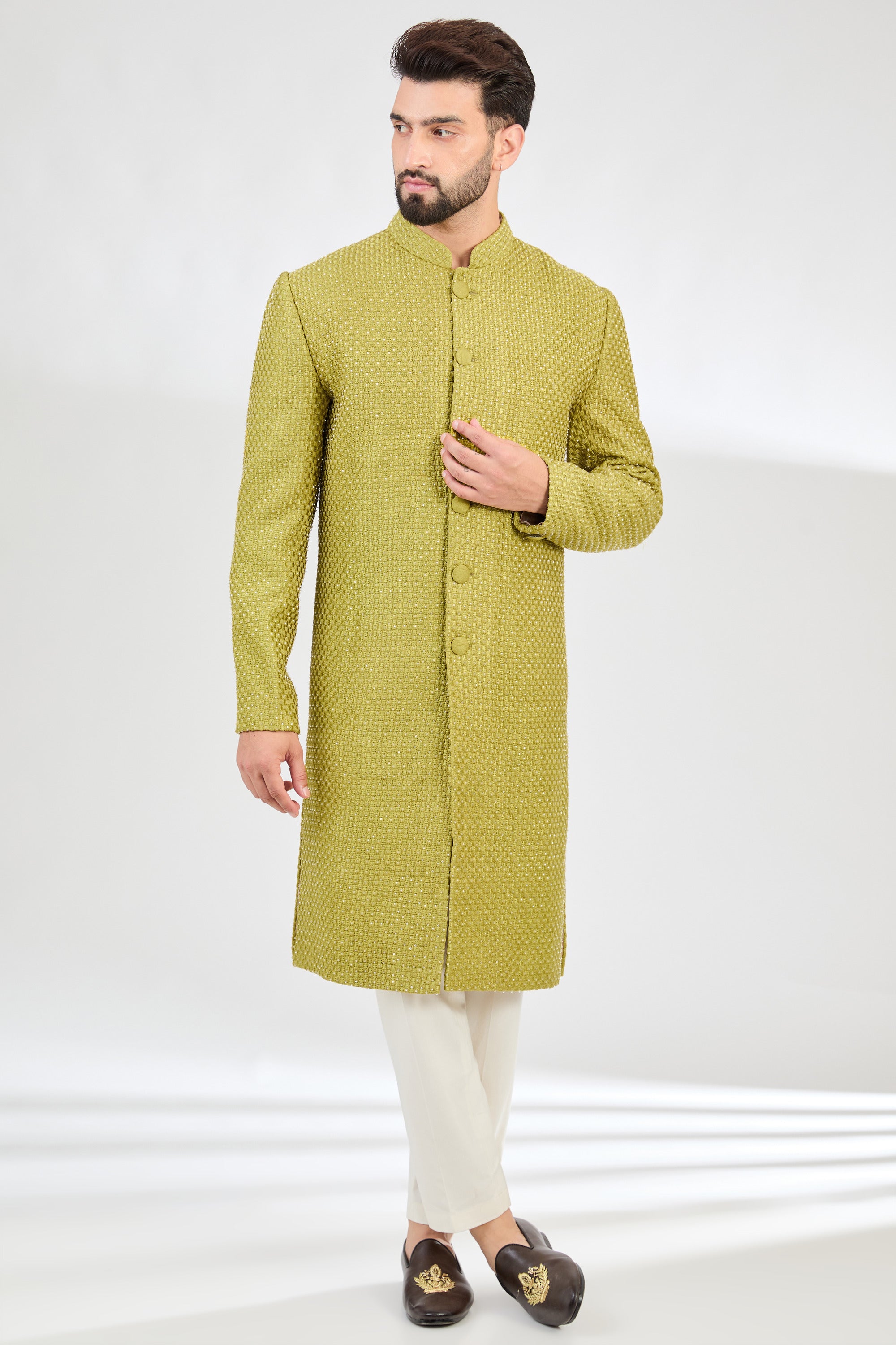 Elegant Neon Green Sherwani with Intricate Cut Dana Work - Perfect for Weddings, Festivals & Special Occasions