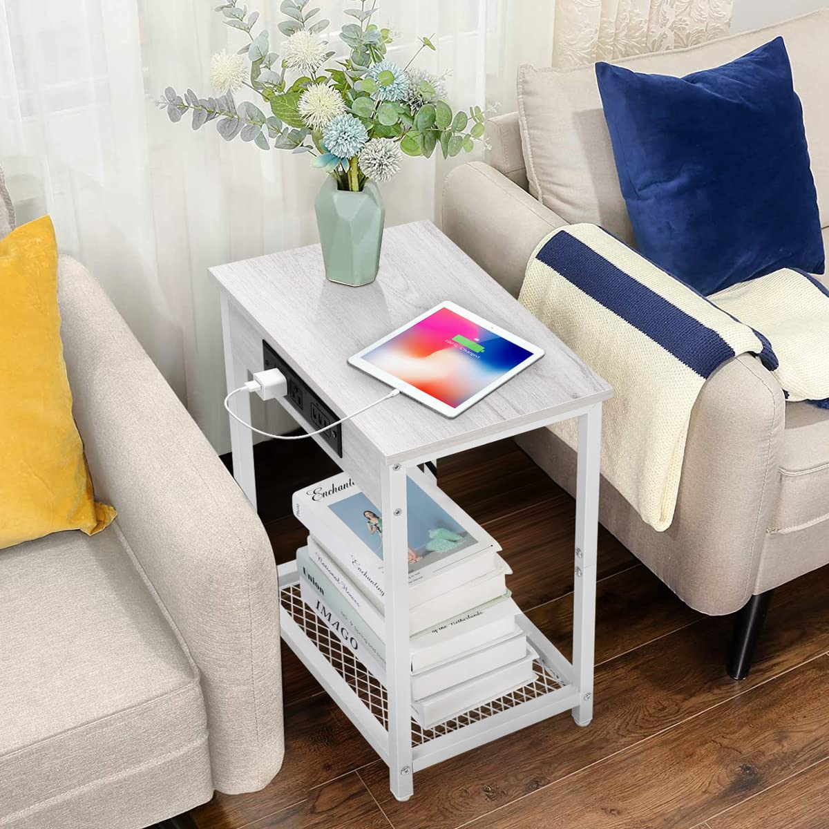 2-Tier Nightstand Set of 2 with USB Charging Station - Narrow End Tables with Storage Shelf for Bedroom & Living Room - Light Maple White - Perfect for Small Spaces & Device Charging