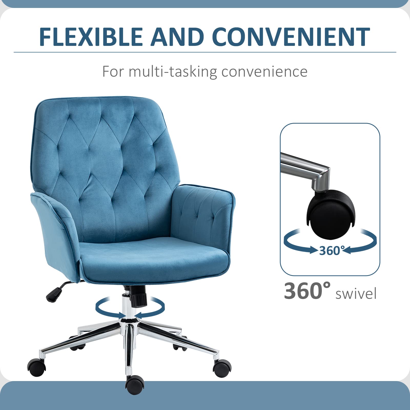 Vinsetto Velvet Home Office Chair - Adjustable Height, Swivel Wheels & Padded Armrests, Tufted Computer Desk Chair in Blue | Ergonomic Support for Work, Gaming & Study