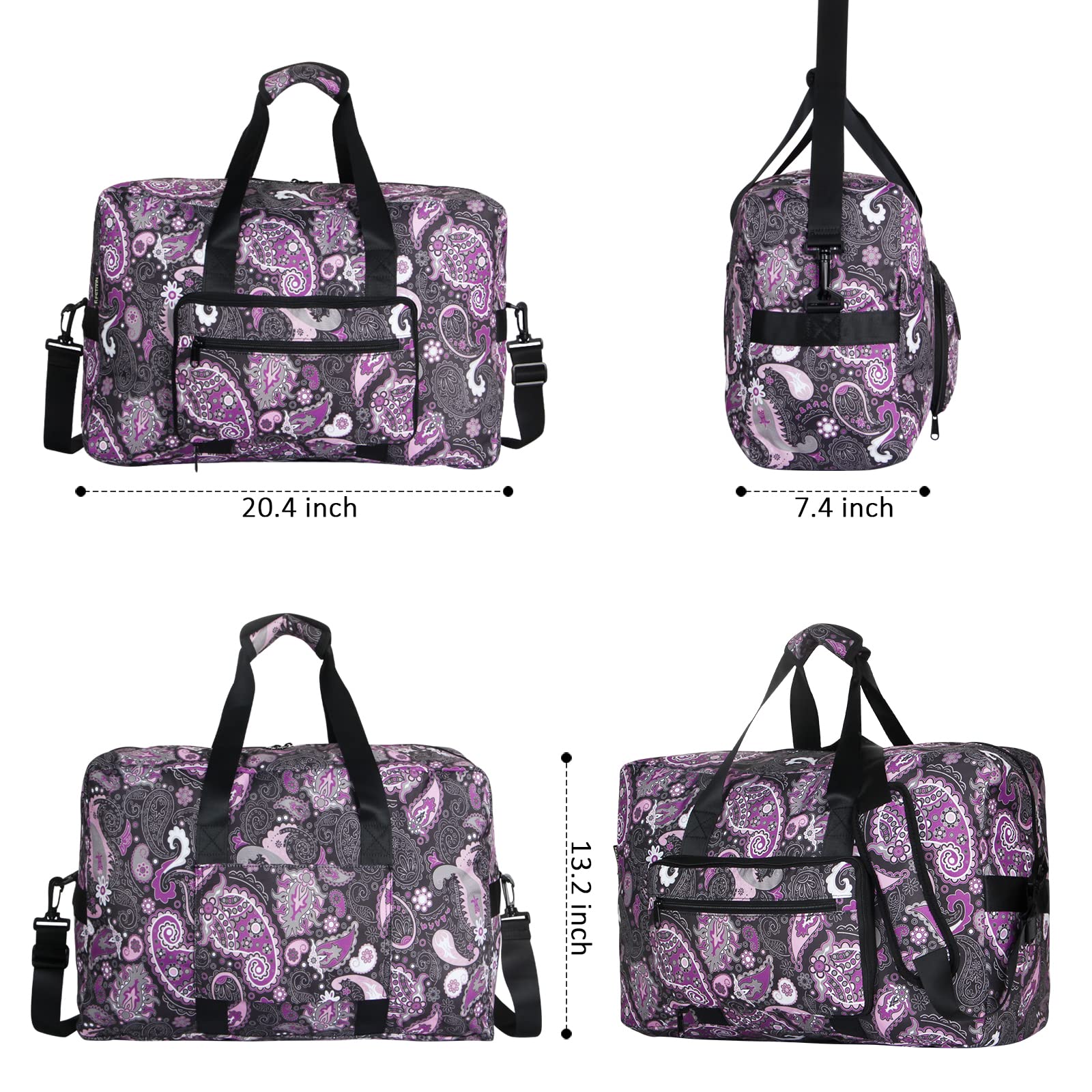 F.FETIVIN Women's Weekender Bag - Medium Carry On Travel Duffle Overnight Bag with Paisley Pattern (Purple) - Perfect for Weekend Getaways, Gym, Business Trips & Airplane Travel
