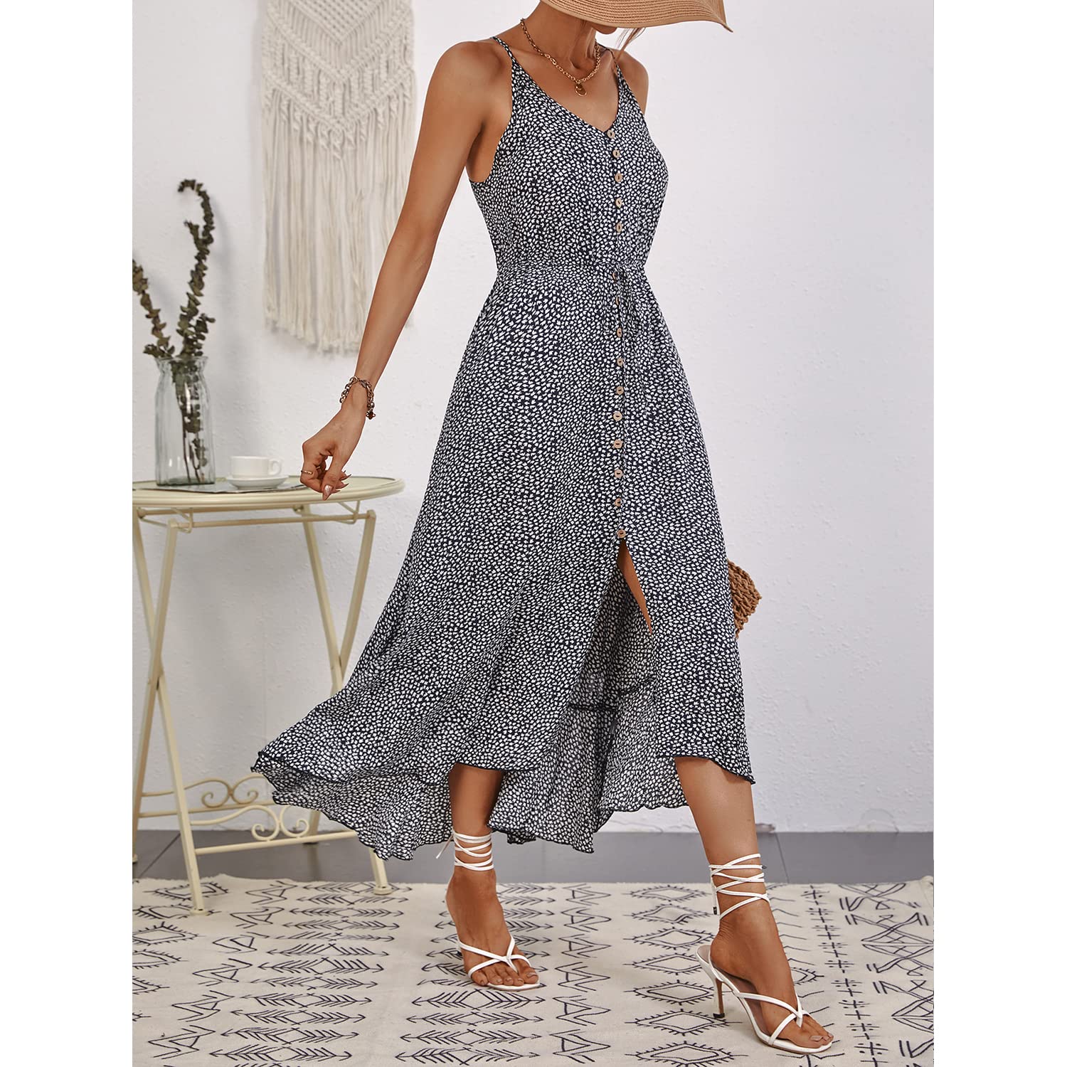 BROVAVE Women's 2025 Summer Casual Boho Sundress - Polka Dot Spaghetti Strap V-Neck Flowy Midi Dress for Beach, Vacation & Outdoor Parties | Lightweight & Comfortable