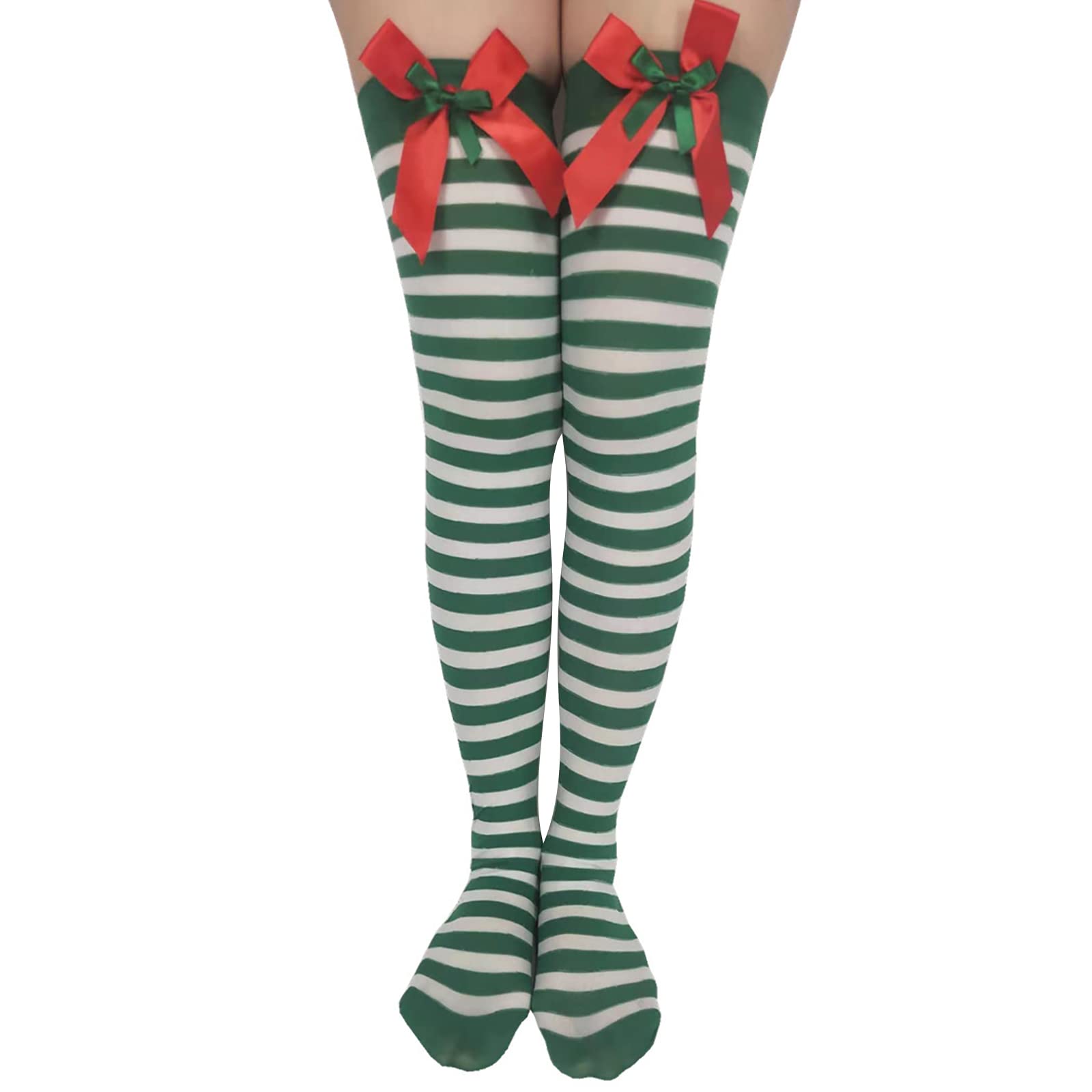 Sexy Women's Thigh High Fishnet Stockings with Red Stripes & Bow Knot - Over Knee Sheer Stockings for Christmas, Valentine's Day - Perfect for Cosplay, Date Night & Holiday Parties