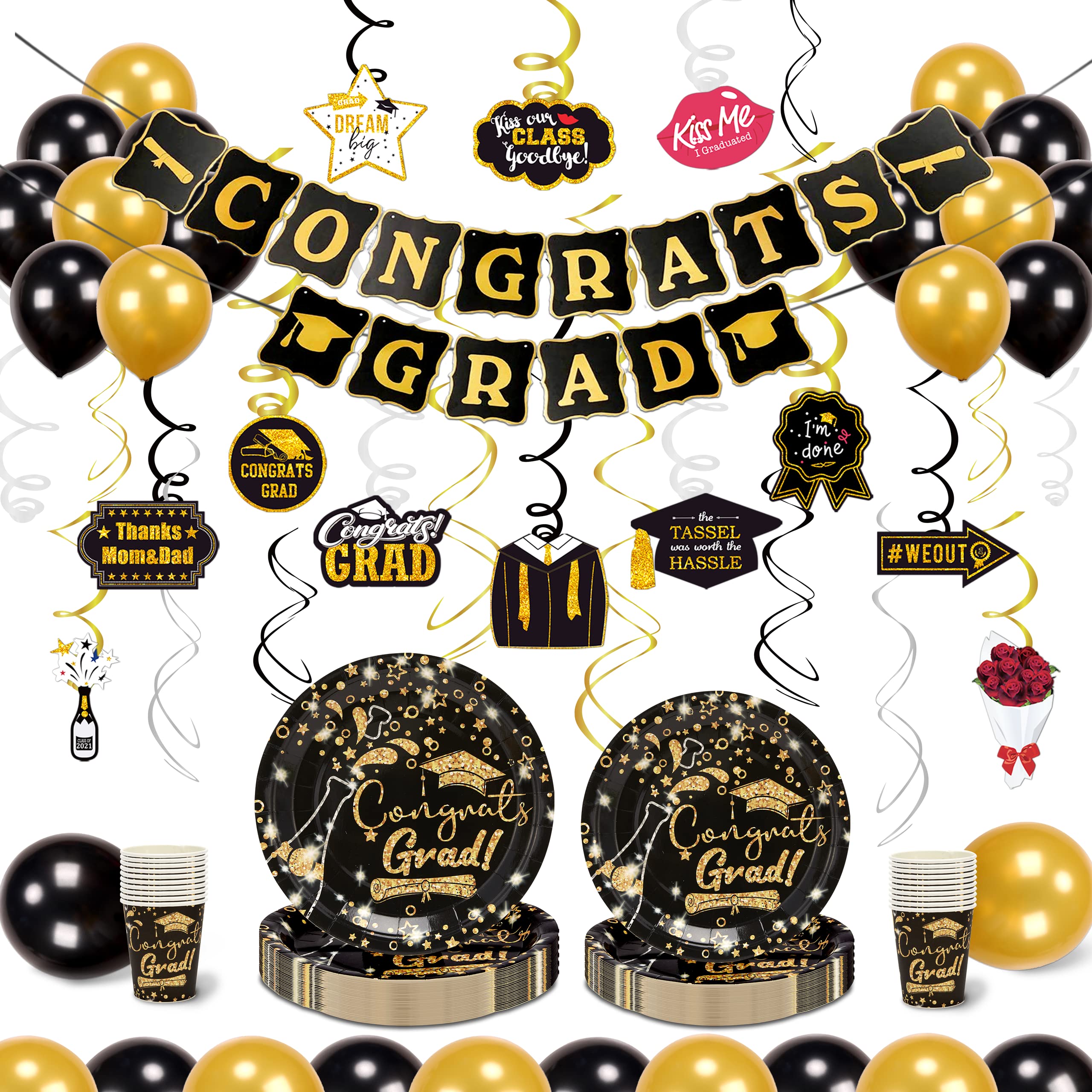 2022 Graduation Party Supplies Set - 20-Pack Black & Gold Plates (7
