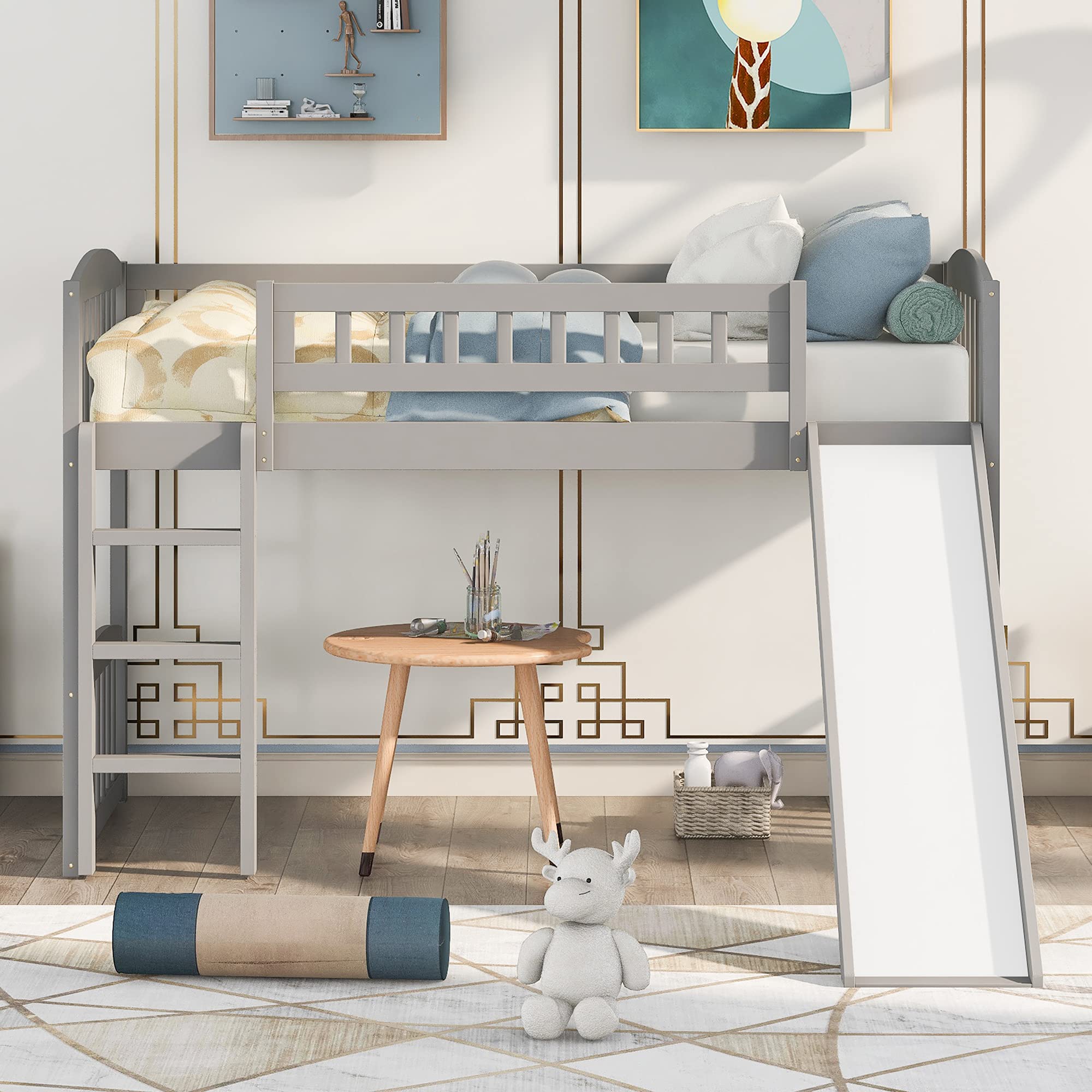 QJM Twin Loft Bed with Slide - Sturdy Wood Loft Bed Frame with Ladder for Kids & Teens - No Box Spring Needed in Gray - Perfect for Small Bedrooms, Dorm Rooms & Play Areas
