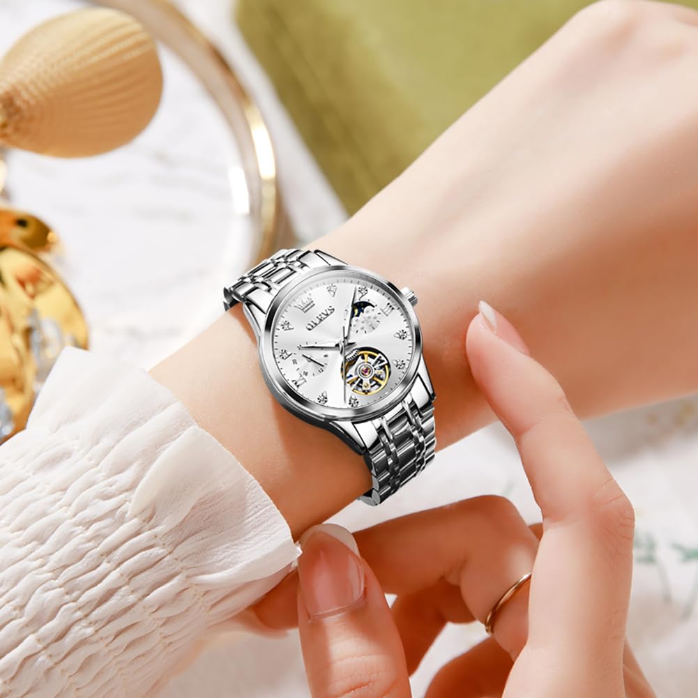 OLEVS Automatic Winding Hollow Skeleton Moon Phase Women's Watch - Stainless Steel Waterproof Ladies Watch with Two-Tone Band | Perfect for Business, Party & Everyday Wear