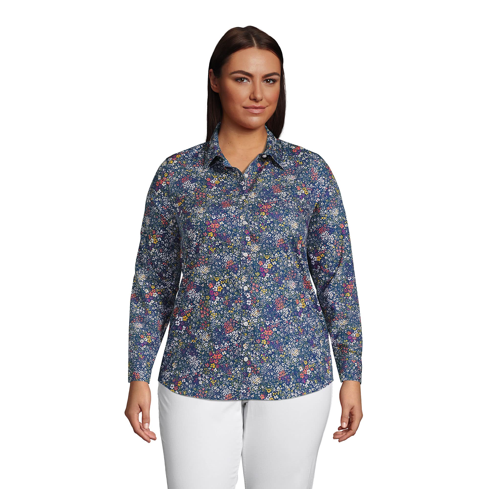 Lands' End Women's No Iron Supima Cotton Long Sleeve Button Down Shirt - Soft Wrinkle-Free Business Casual Top for Office Work & Professional Wear