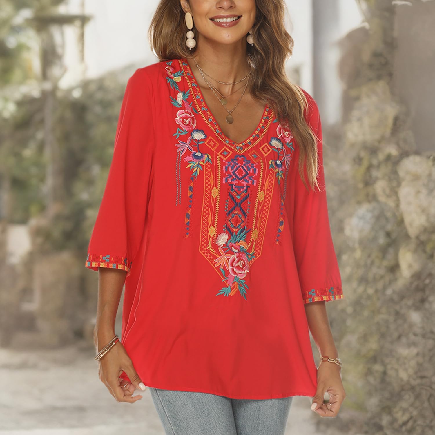 Higustar Women's Mexican Embroidered Bohemian Blouse - 3/4 Sleeve Peasant Top, Boho Tunic Shirt, Hippie Style Fiesta Clothing for Casual Wear, Music Festivals & Beach Vacations