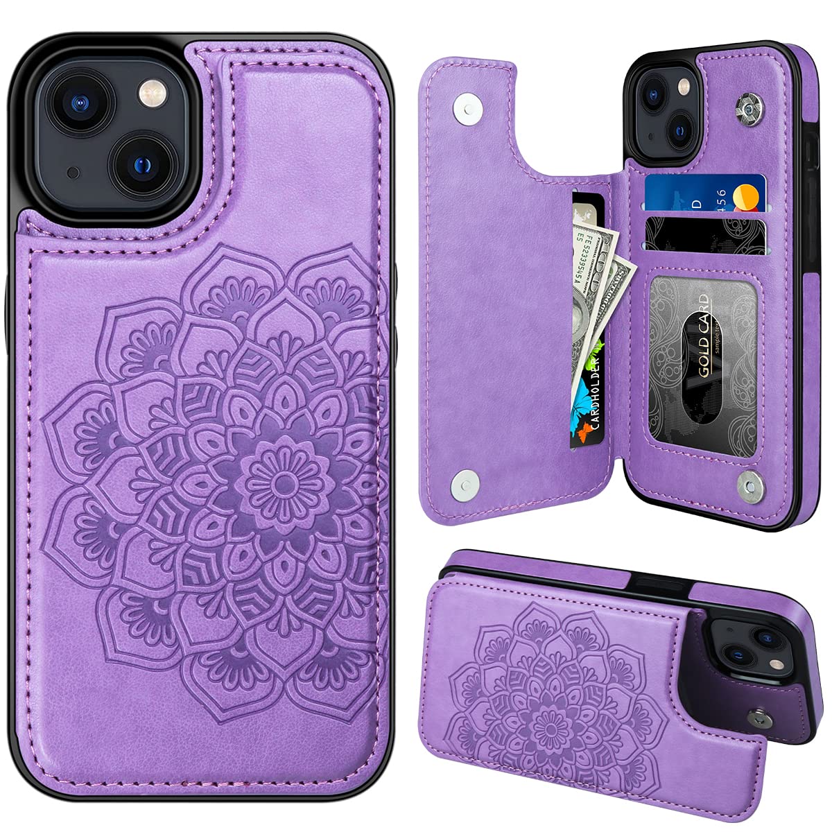 MMHUO Magnetic Flip Wallet Case for iPhone 14 with Card Holder - Flower Design Protective Phone Cover for Women (Purple) | Perfect for Everyday Use, Travel & Hands-Free Convenience