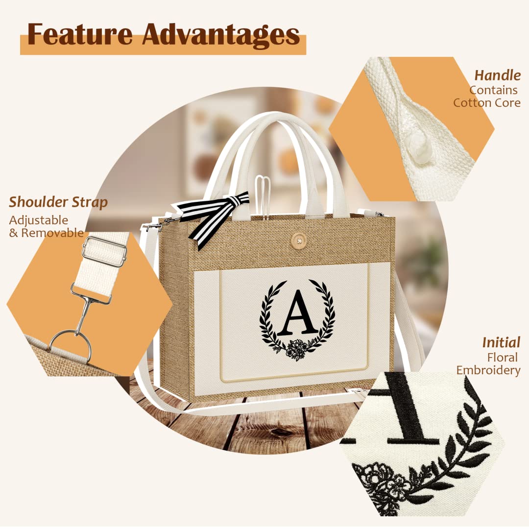 Personalized Initial Jute Tote Bag for Women - Reusable Grocery Bag with Zipper Pocket & Adjustable Strap - Great Birthday Gift for Coworkers, Teachers, Hostess & Bridal Shower (Letter H) - Perfect for Shopping, Beach Trips & Daily Commute