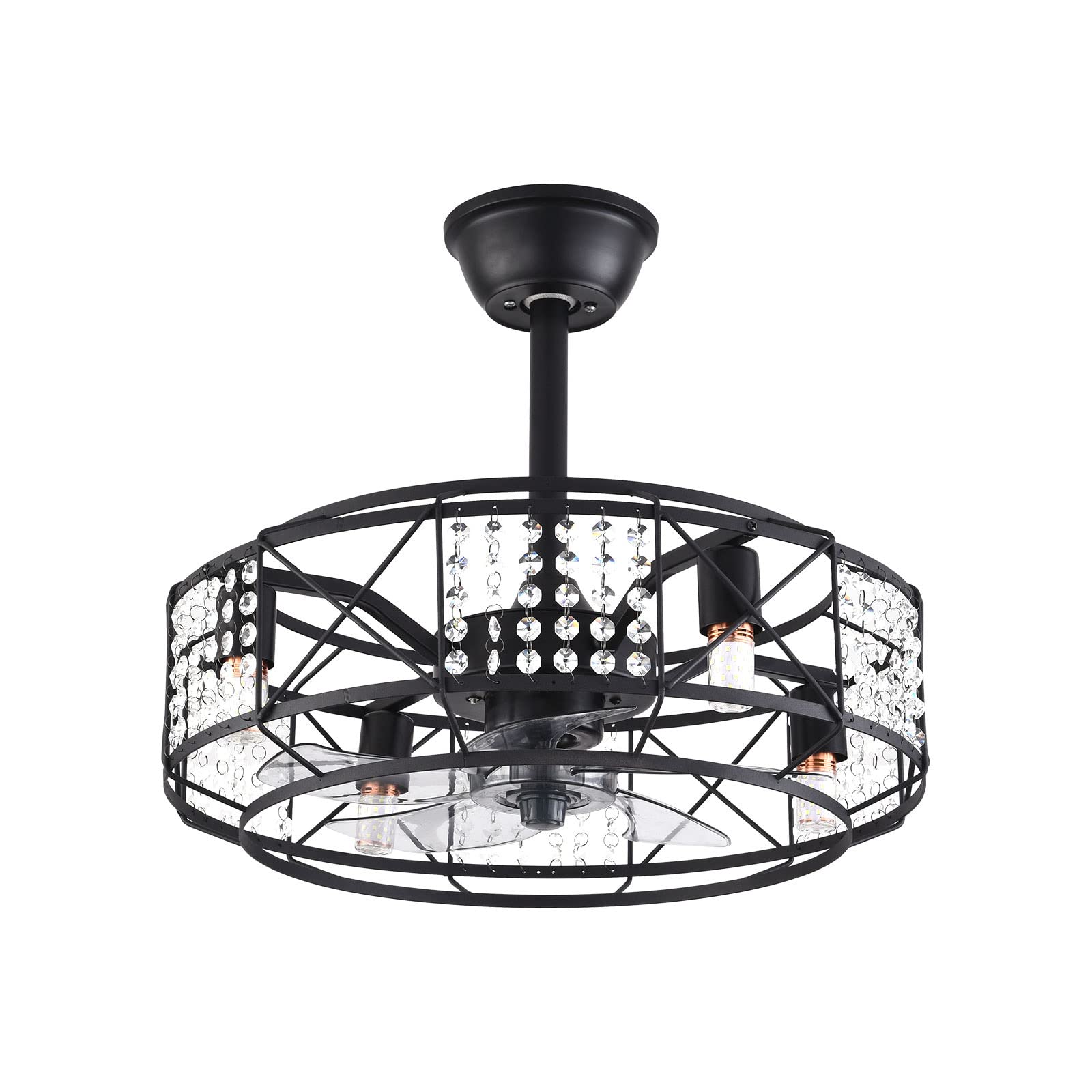 Industrial Ceiling Fan with Light - 3 Speed Adjustable, Remote Control, Crystal Blades - Small Enclosed Caged Fan for Living Room, Bedroom, Kitchen - 4xE27 Bulb Base (Bulbs Not Included) - Perfect for Home, Office, and Commercial Spaces