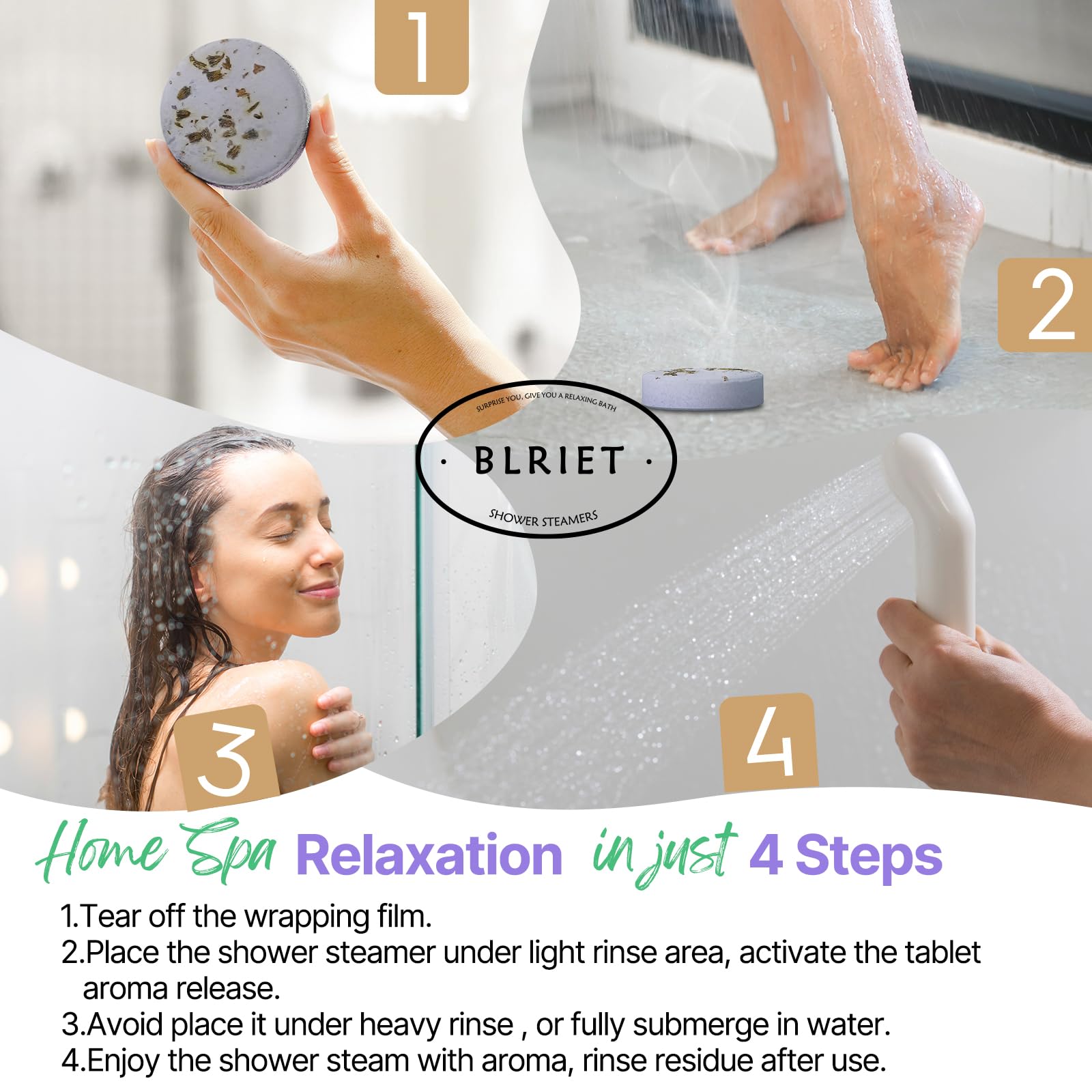 BLRIET Aromatherapy Shower Steamers 8 Pack - Lavender Essential Oil Shower Bombs for Stress Relief & Relaxation, Perfect Spa Gift for Women, Men, Teens - Ideal for Home Spa, Self Care & Birthday Gifts