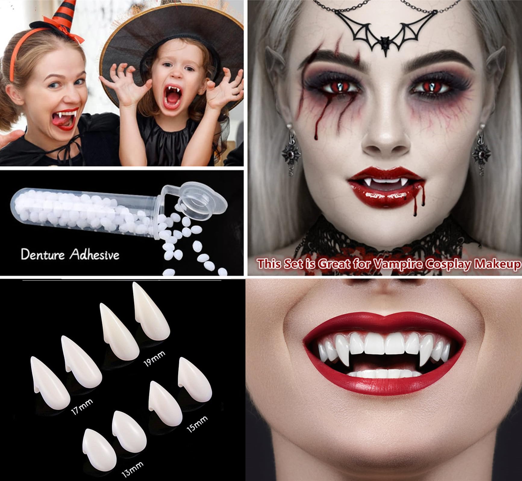 Halloween Vampire Fangs Teeth Makeup Kit - 4 Pairs Adjustable Fake Teeth with Fake Blood Spray, Sticky Blood & Dripping Blood for SFX Cosplay, Costume Parties & Horror Movie Effects