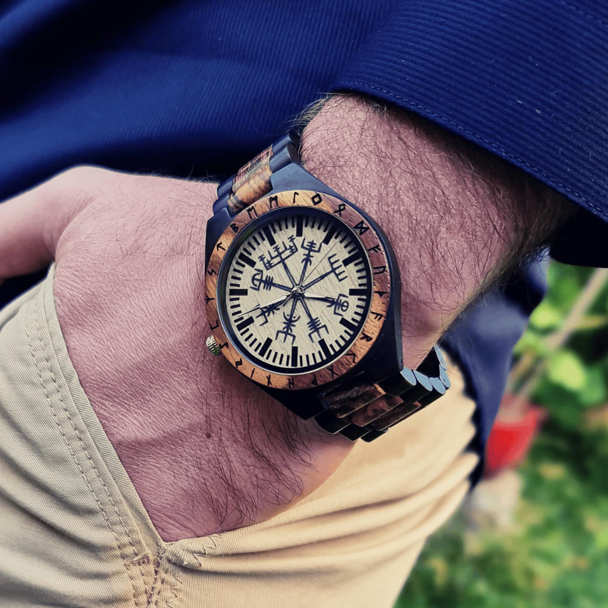 Vikingenes Handmade Wooden Watches for Men – Engraved Personalized Viking Watch, Natural Wood Wristwatch with Chronograph – Luxury Unique Gift for Him – Perfect for Outdoor Adventures, Formal Events & Anniversary Presents