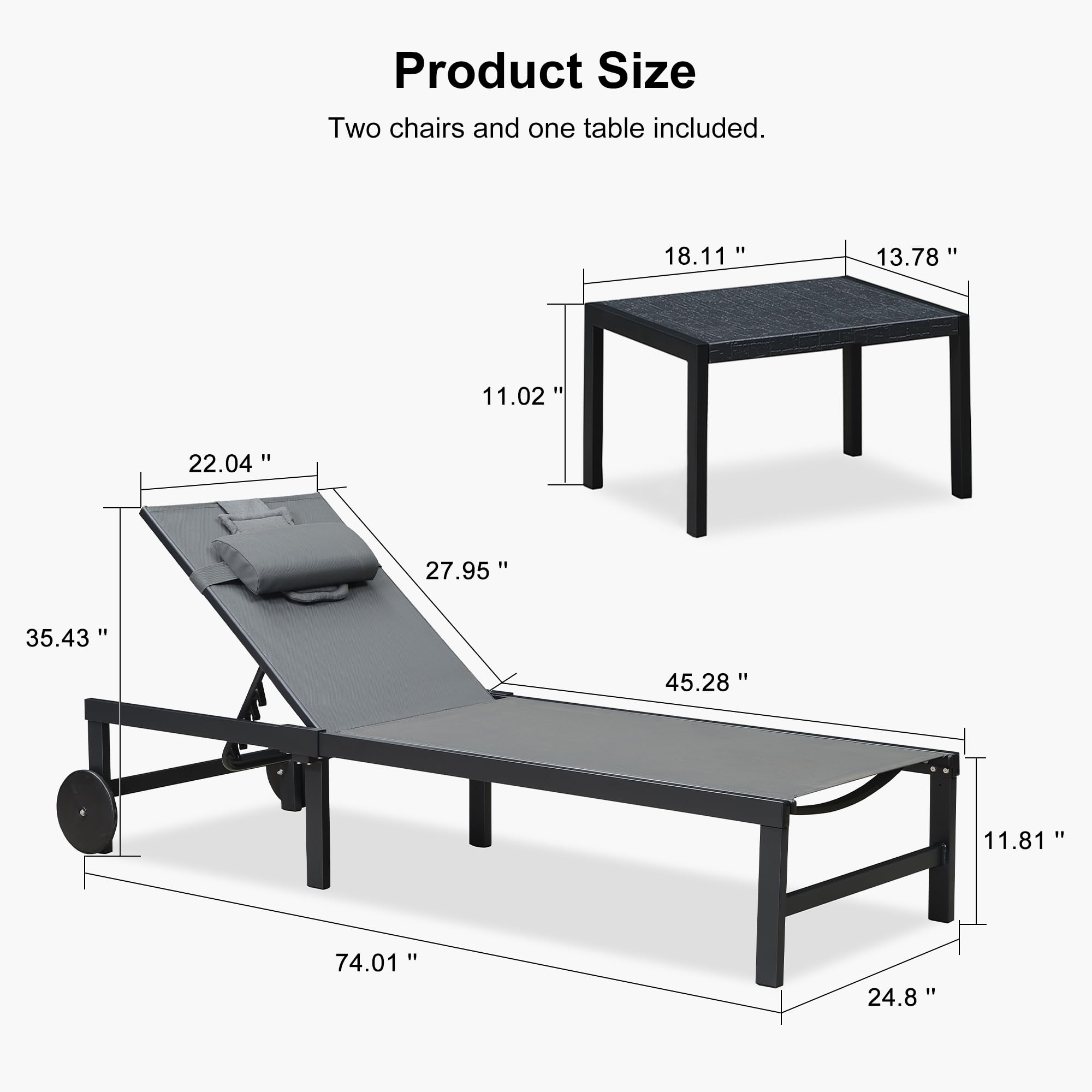 PURPLE LEAF Adjustable Reclining Outdoor Lounge Chair Set with Face Hole - Patio Sunbathing Lounger for Poolside, Beach & Backyard - Includes Wheels, Pillows & Table - Durable Aluminum Frame (Grey) - Perfect for Relaxing, Tanning and Outdoor Lounging